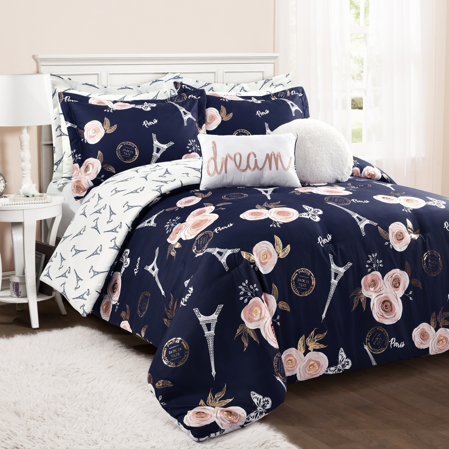 Lush Decor 16T005344 Navy Floral Reversible Full/Queen Comforter