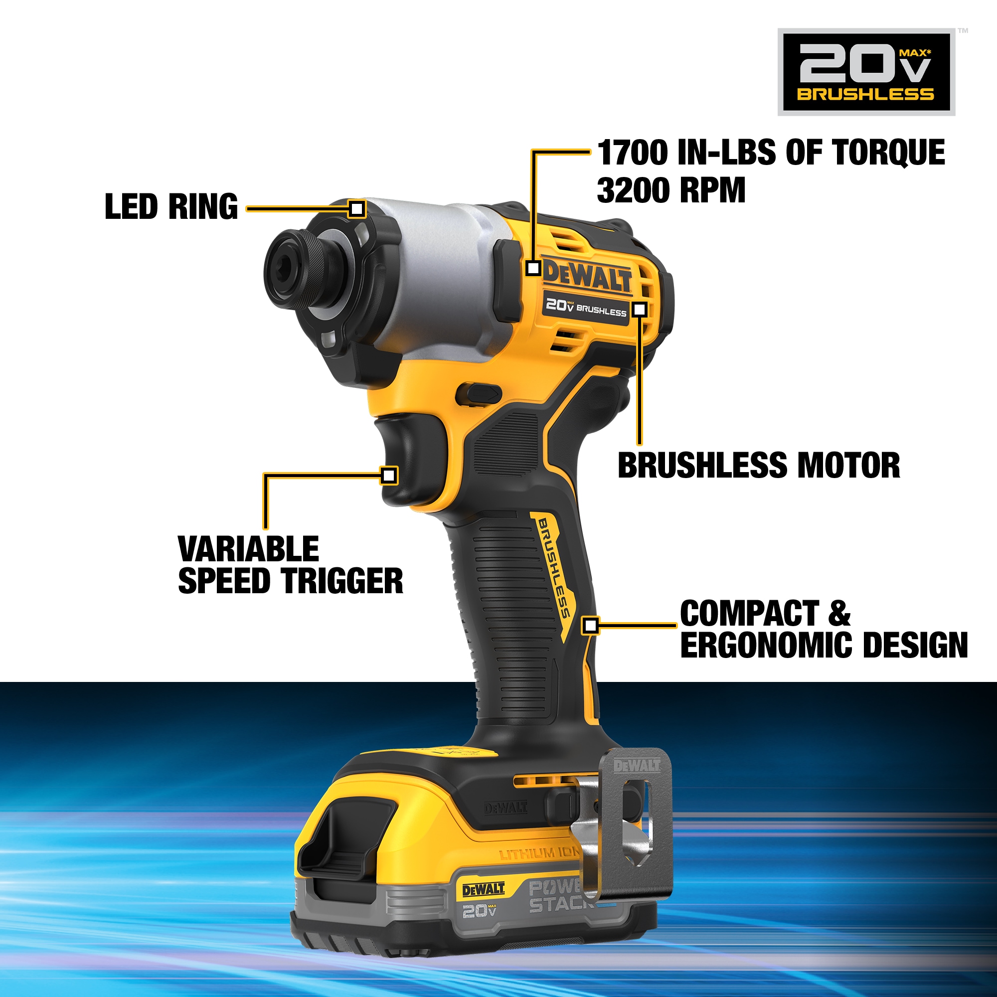 DEWALT POWERSTACK 20-volt Max 1/4-in Variable Speed Brushless Cordless  Impact Driver (1-Battery Included) in the Impact Drivers department at 
