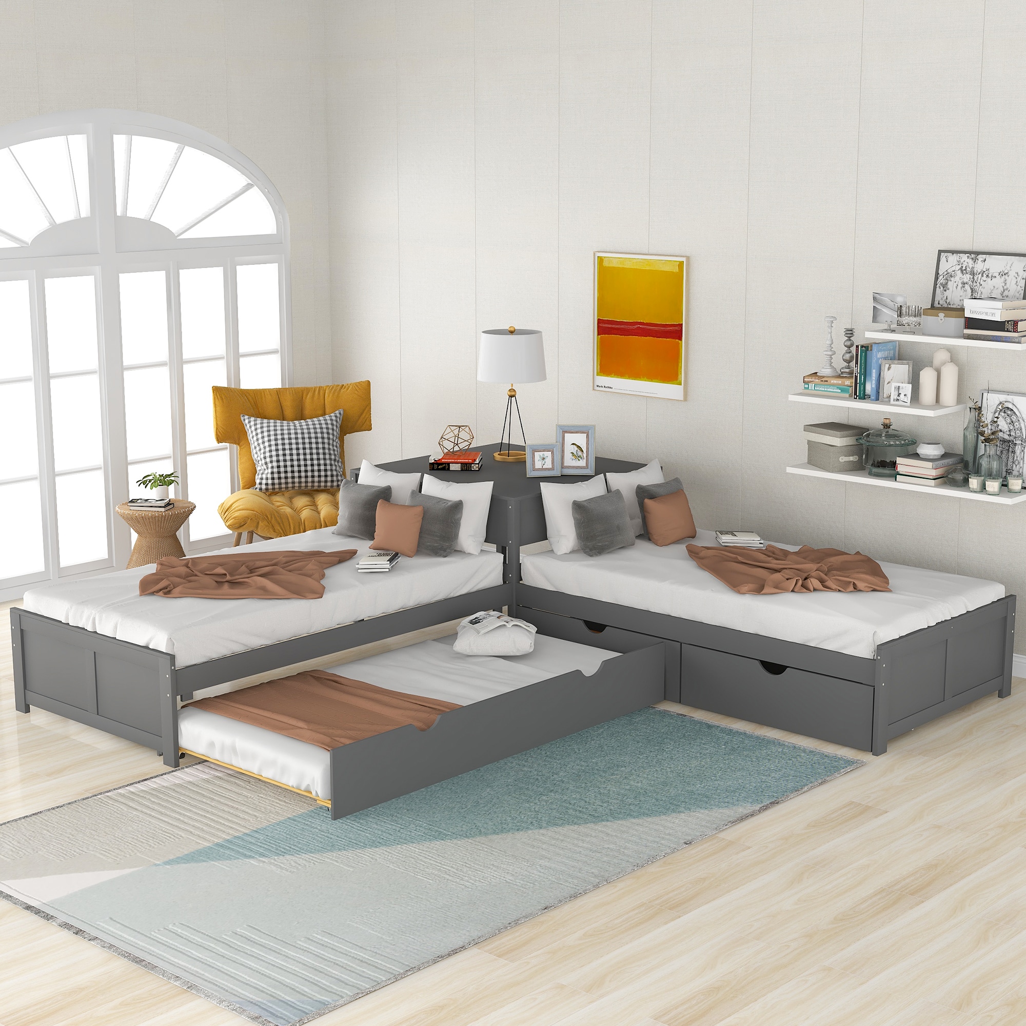 ModernLuxe SM000916AAE Lshaped Platform Bed with Trundle and Drawers Linked with builtin DeskTwinGray