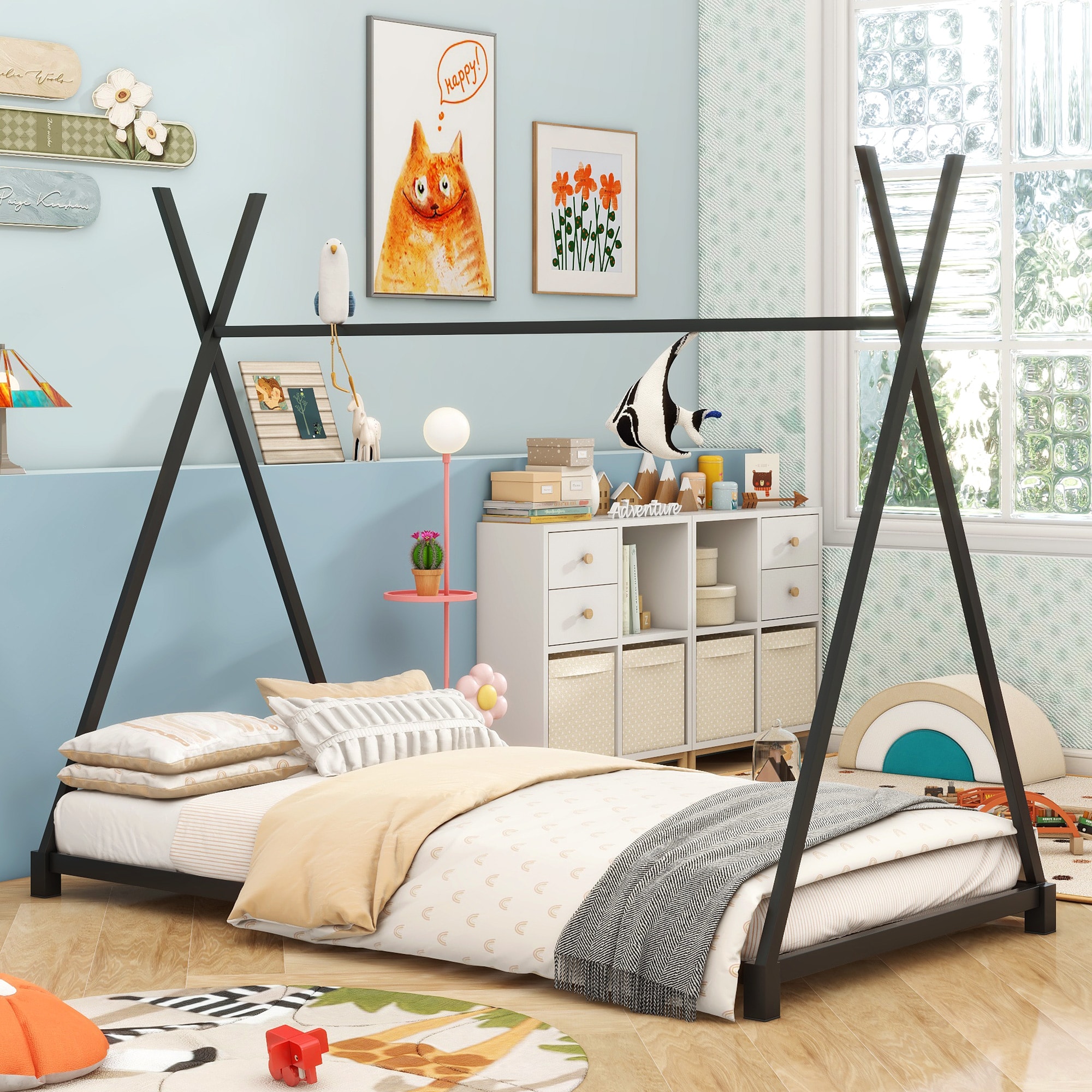 ModernLuxe WF307193AAB Metal Twin Size House Platform Bed with Triangle Structure Black