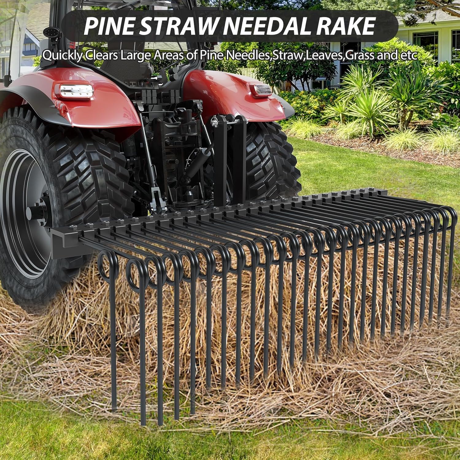 GarveeLife - 72 in Pine Straw Needle Rake 3 Point Landscape Rake Powder Coated Steel Spring Tow B...
