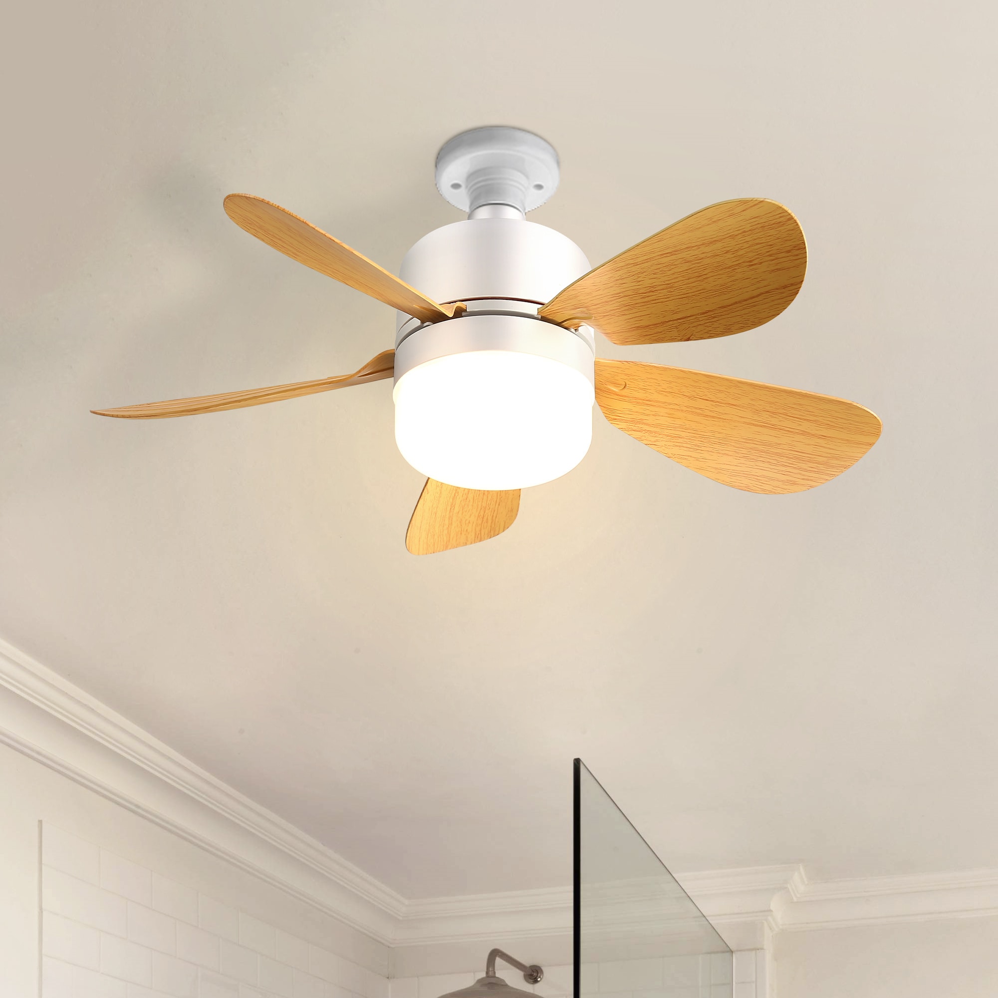 BABOOM BOM-4P23019-OR 2-In-1 Screw Small Ceiling Fan 16-in Integrated LED Flush Mount Nature with PC Blades Plug-in Ceiling Fan With Light - Remote Included ( 5 -Blade )