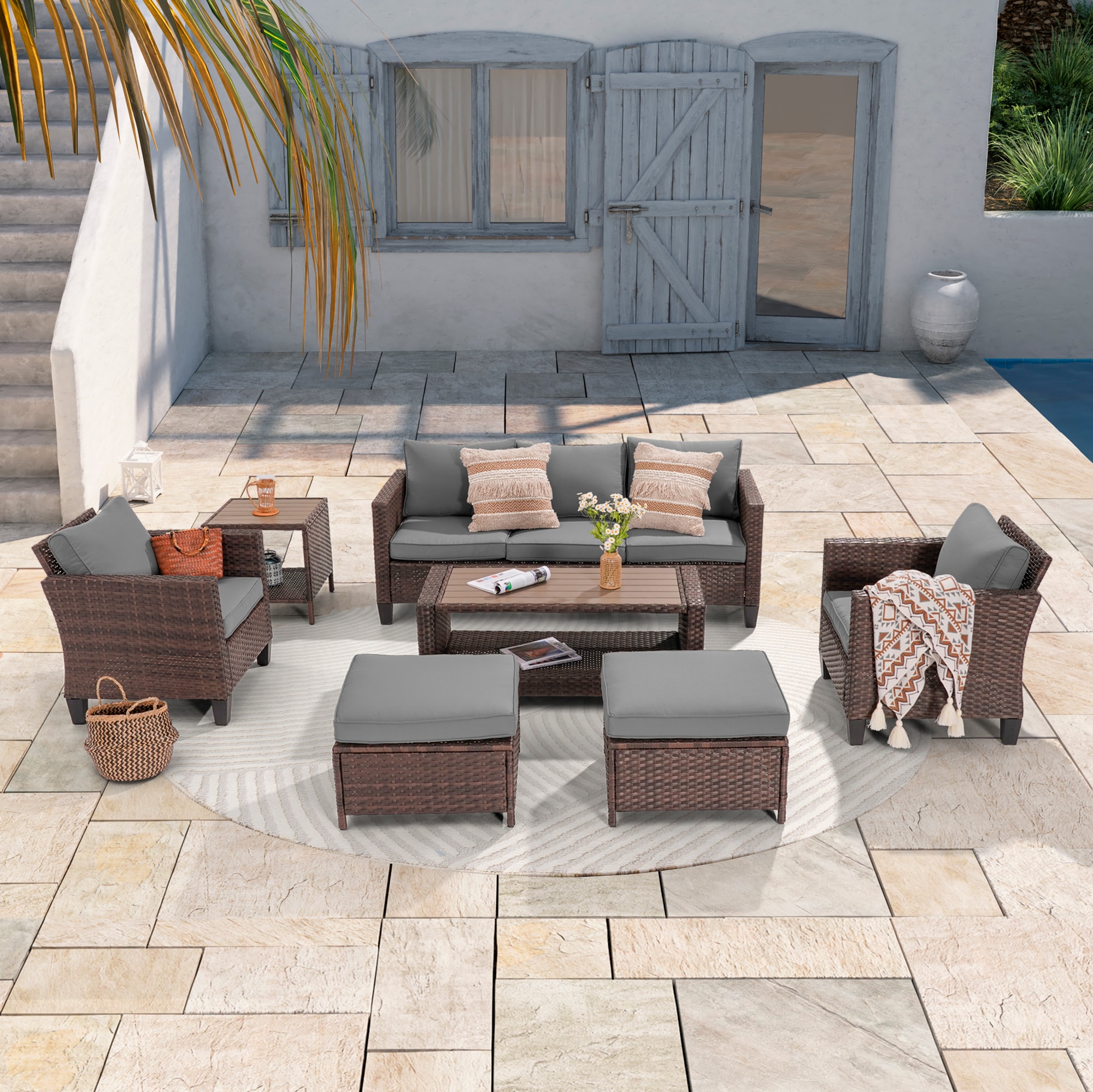 ACEGOSES LW-115BGY-S1T3 7 -Piece Wicker Patio Sofa Conversation Set with Gray Cushions