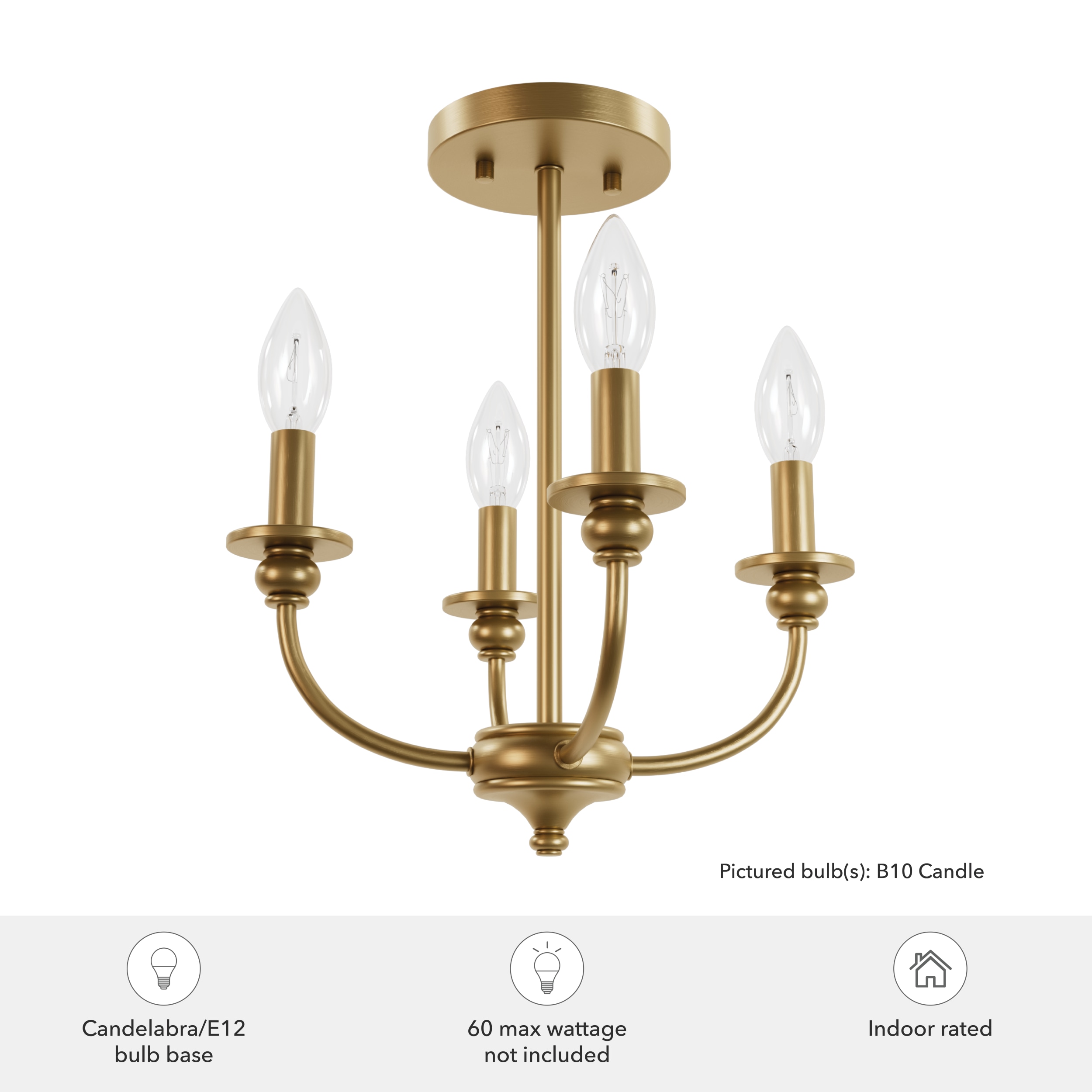 Hunter - Southcrest 4-light Luxe Gold, Medium Size Flush Mount Light, Dimmable, Traditional Style, Candle Shaped, for Bedrooms, Kitchens, Dining, Living Rooms - 48068