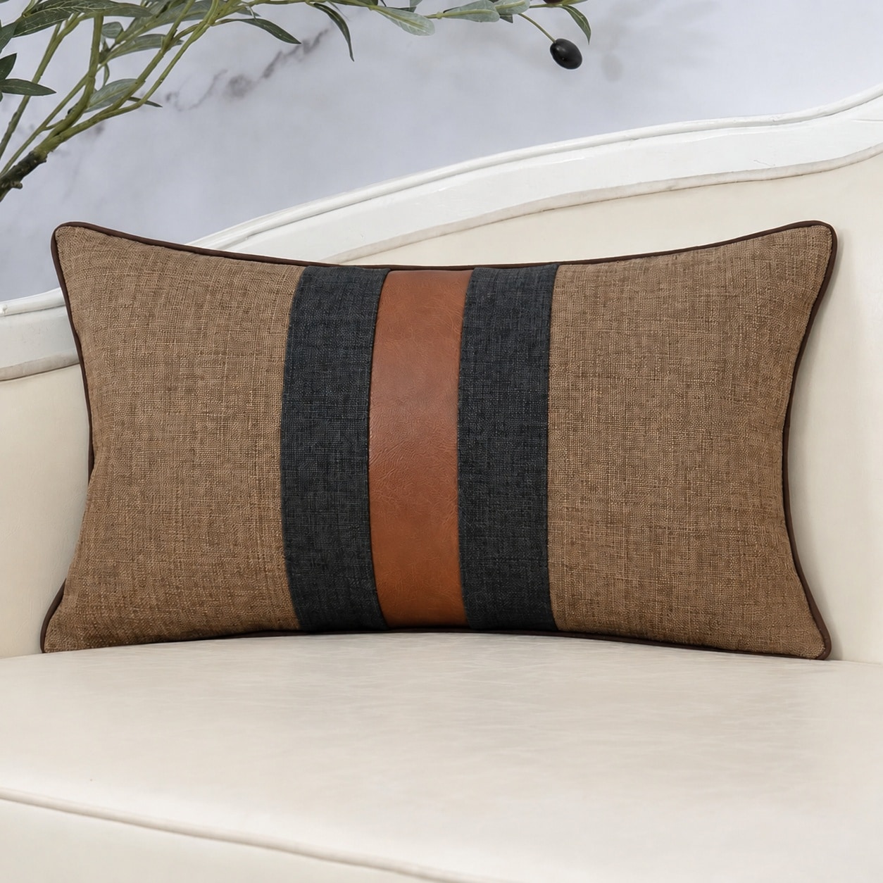 Yichuhaoxi  Patchwork Pillow Cover 12x20 Inch Luxury Cotton and Linen Cushion Cover Faux Leather Pillowcover for Couch Bedroom Living Room Brown