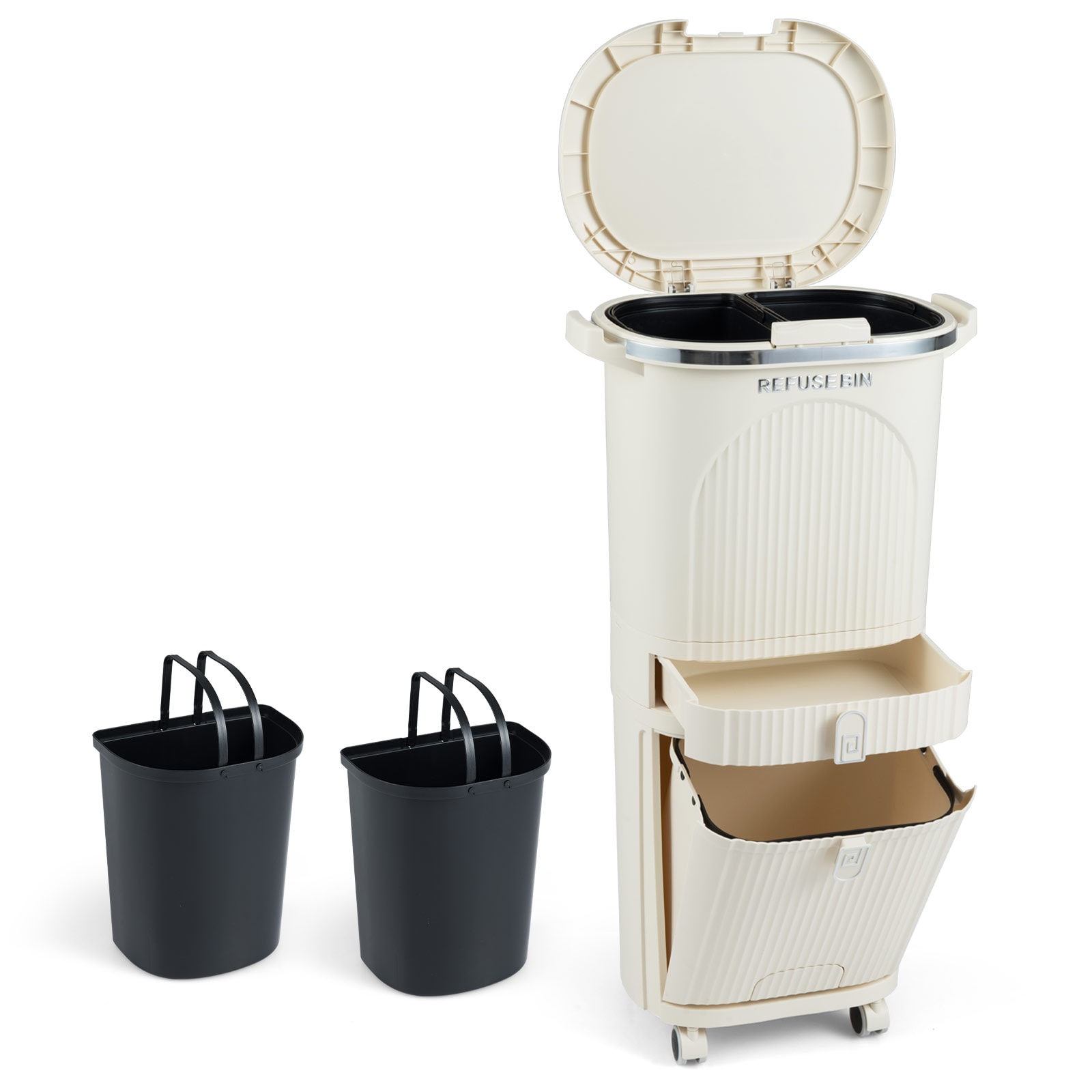 Slickblue 4 Compartment Rolling Kitchen Trash Can (11 Gallon) Beige Plastic Trash Can with Dual Buckets Tilt Bin Storage Drawer and Step Pedal for Kitchen Bathroom or Laundry Room