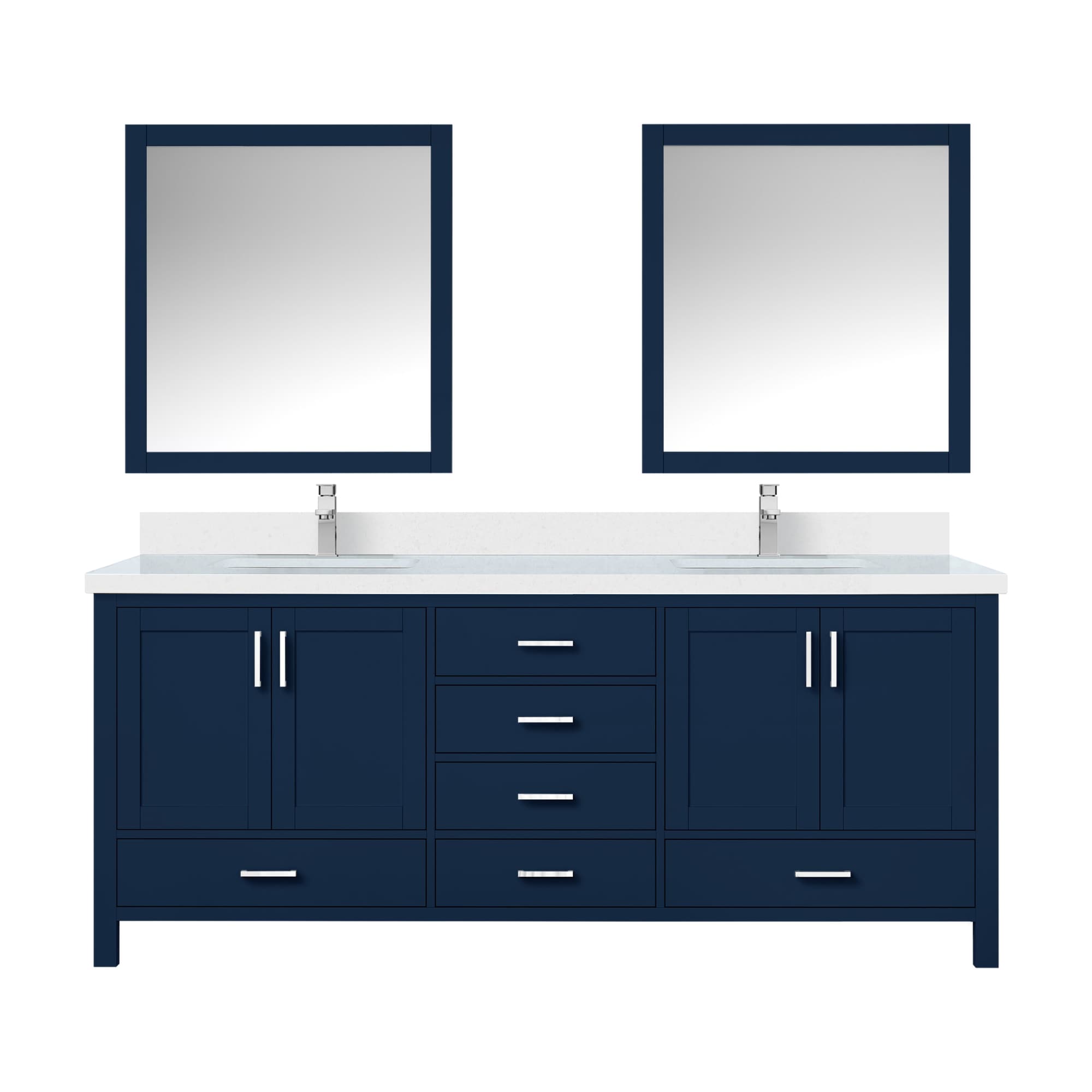 Lexora LVJ80DE311 Jacques 80-in Navy Blue Undermount Double Sink Bathroom Vanity with White Cultured Marble Top (Mirror and Faucet Included)