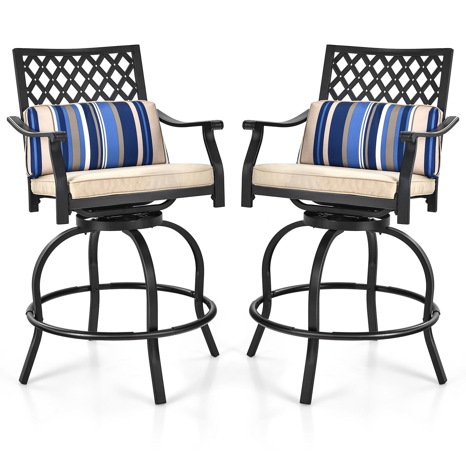 YERIVA HSM10140 Set of 2 Black Steel Frame Swivel Bar Stool Chair with Brown Cushioned Seat