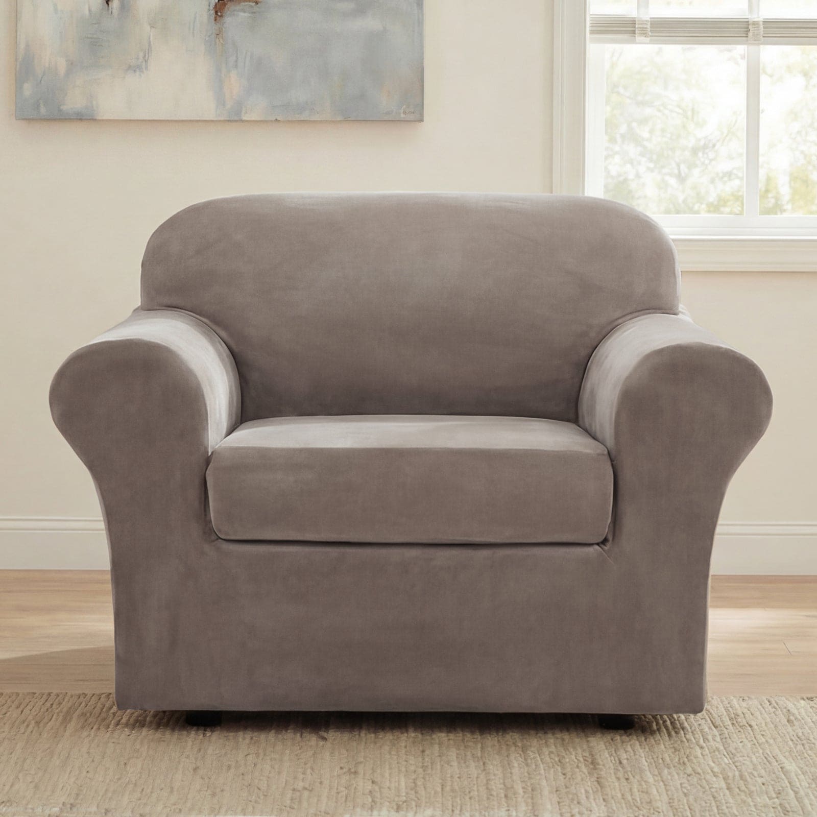 H.Versailtex - Stretch velvet sofa cover set Chair 2-Piece Taupe