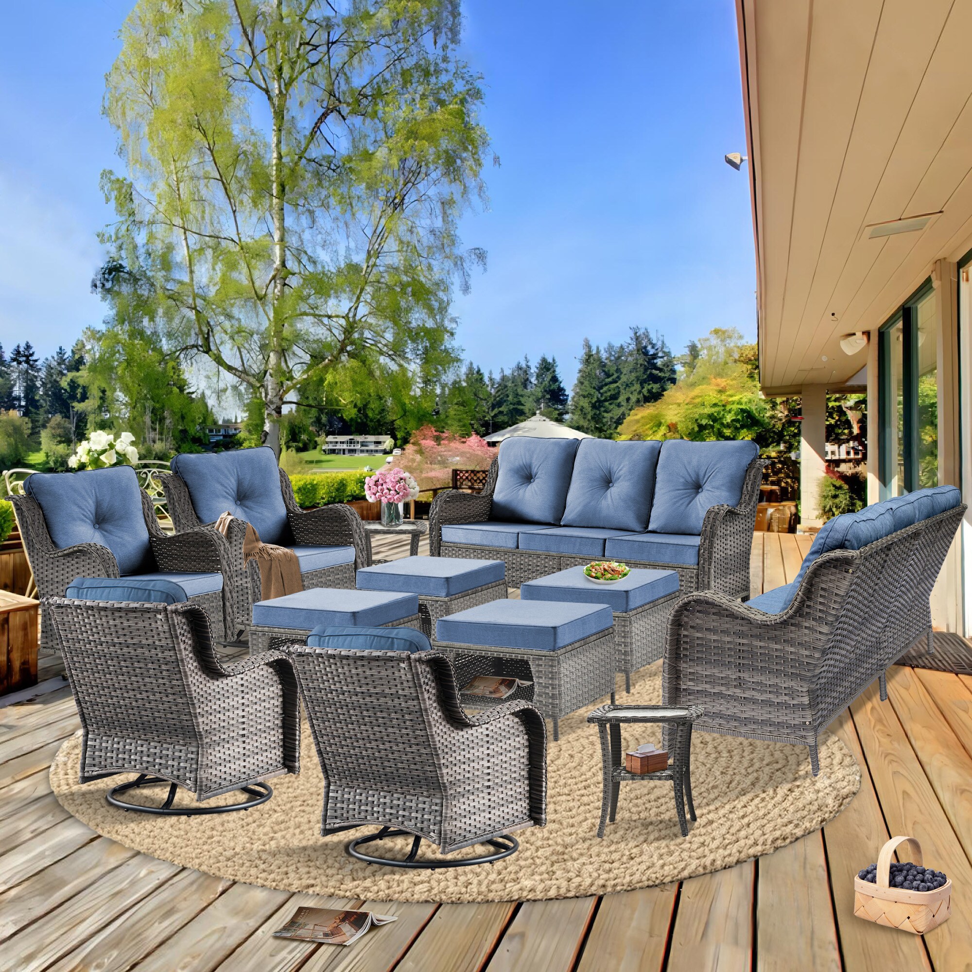 DWIOM YZX20-112233 12 -Piece Wicker 2 Patio Sofa Conversation Set with Blue Cushions