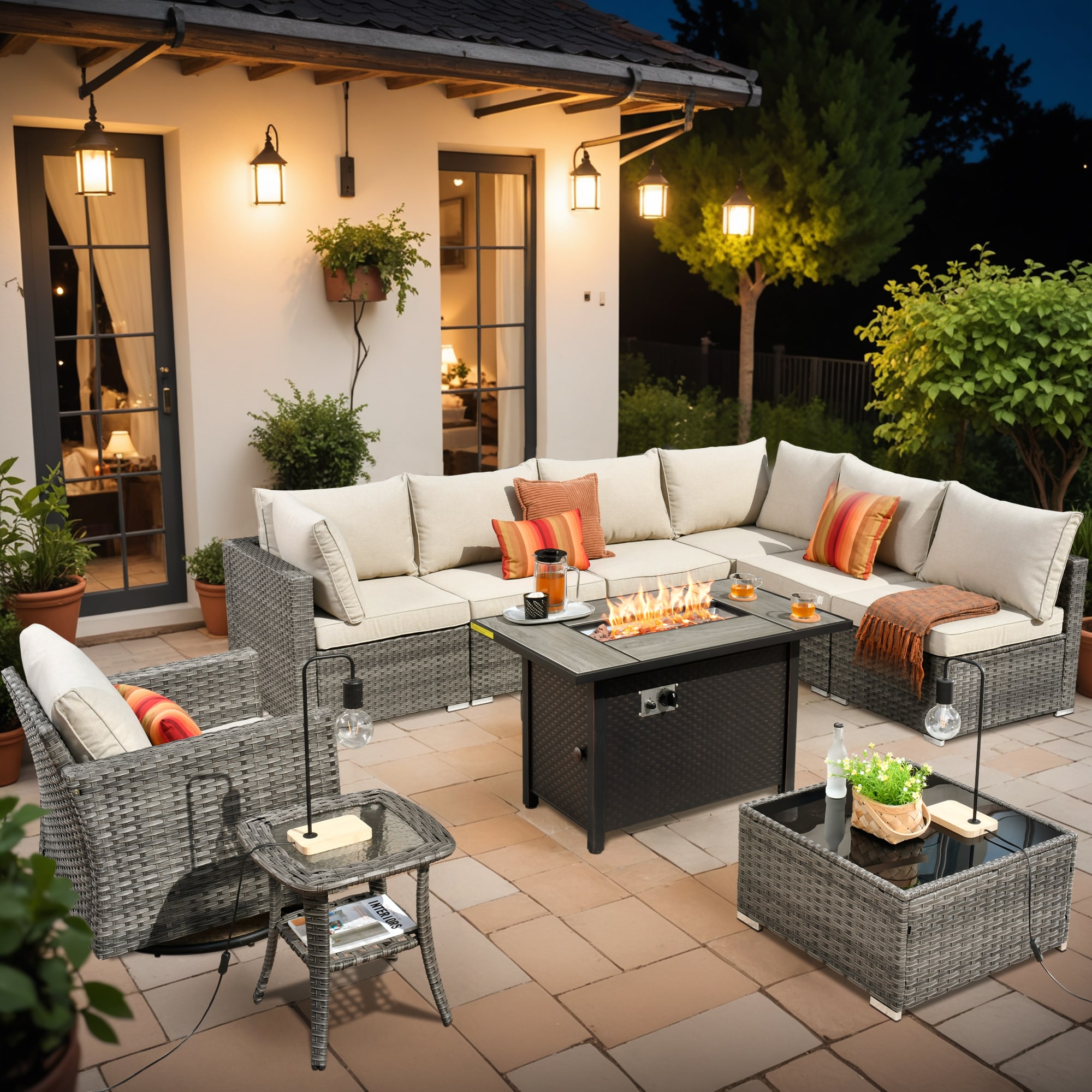 XIZZI XIHOPS605-RC1IFP Sunrise 10 -Piece Rattan Patio Sofa Conversation Set with Off-white Cushions