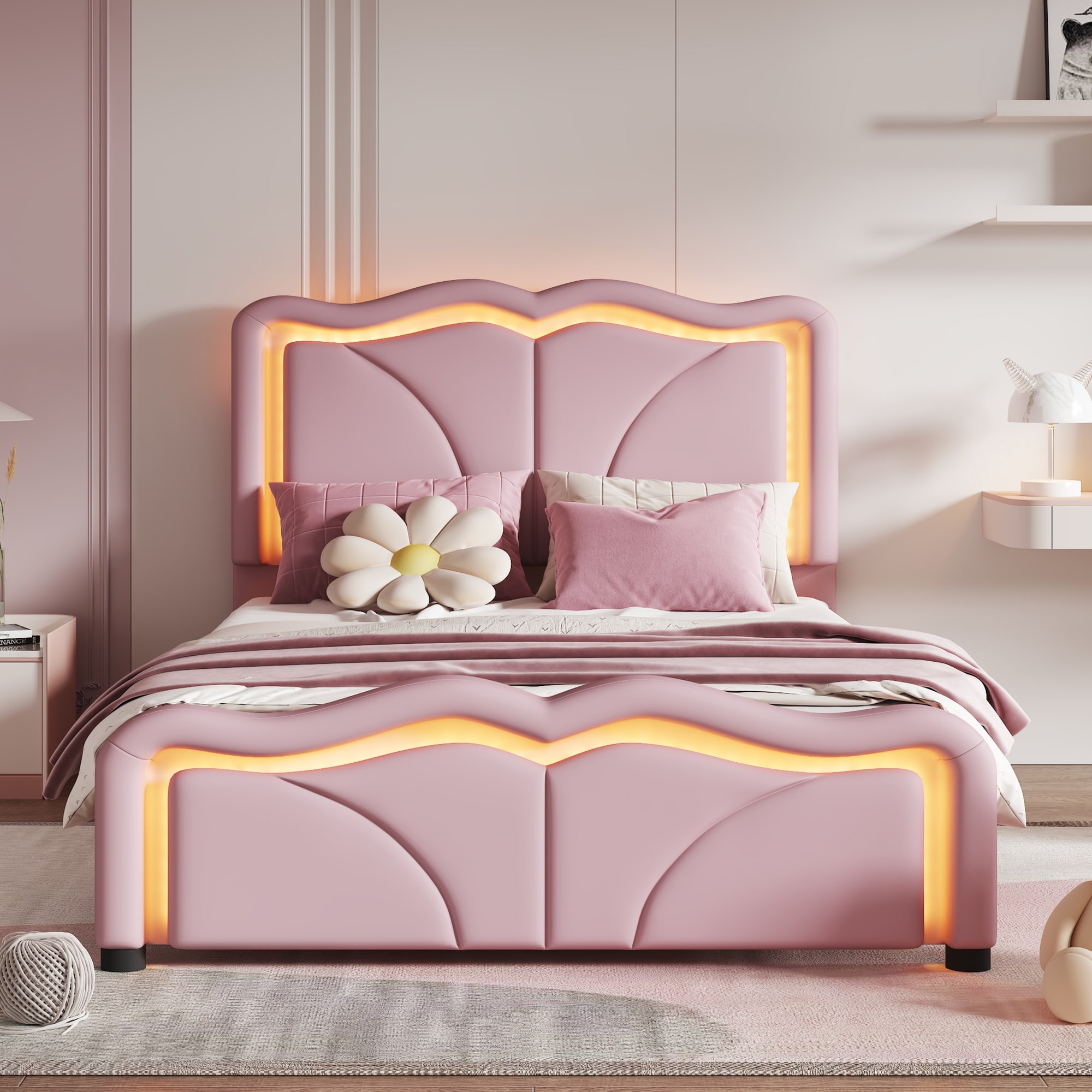 ModernLuxe L3P-WF323748AAH Twin Size Upholstered Platform Bed with Curve Shaped and Heightadjustbale HeadboardLED Light StripsPink