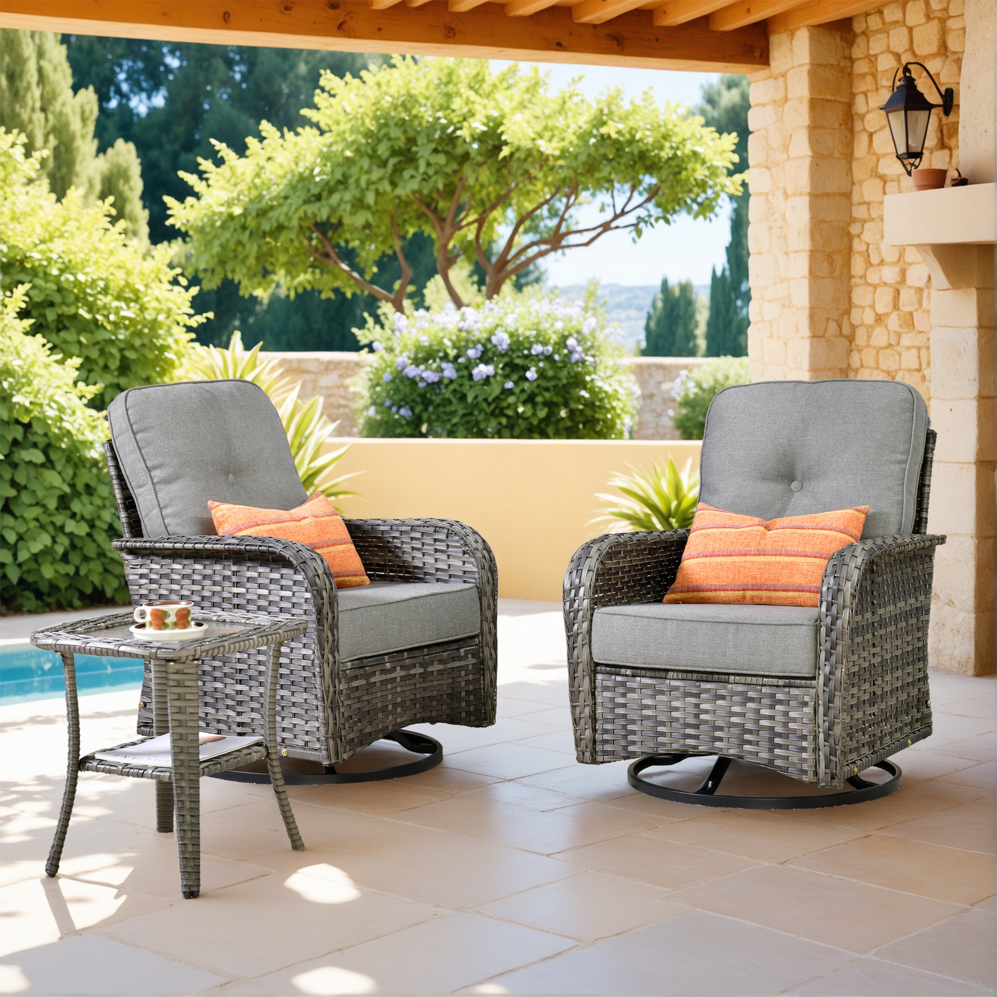 Pouuin SCNG203 Set of 2 Wicker Gray Metal Frame Swivel rocker Rocking Chair with Dark gray Cushioned Seat