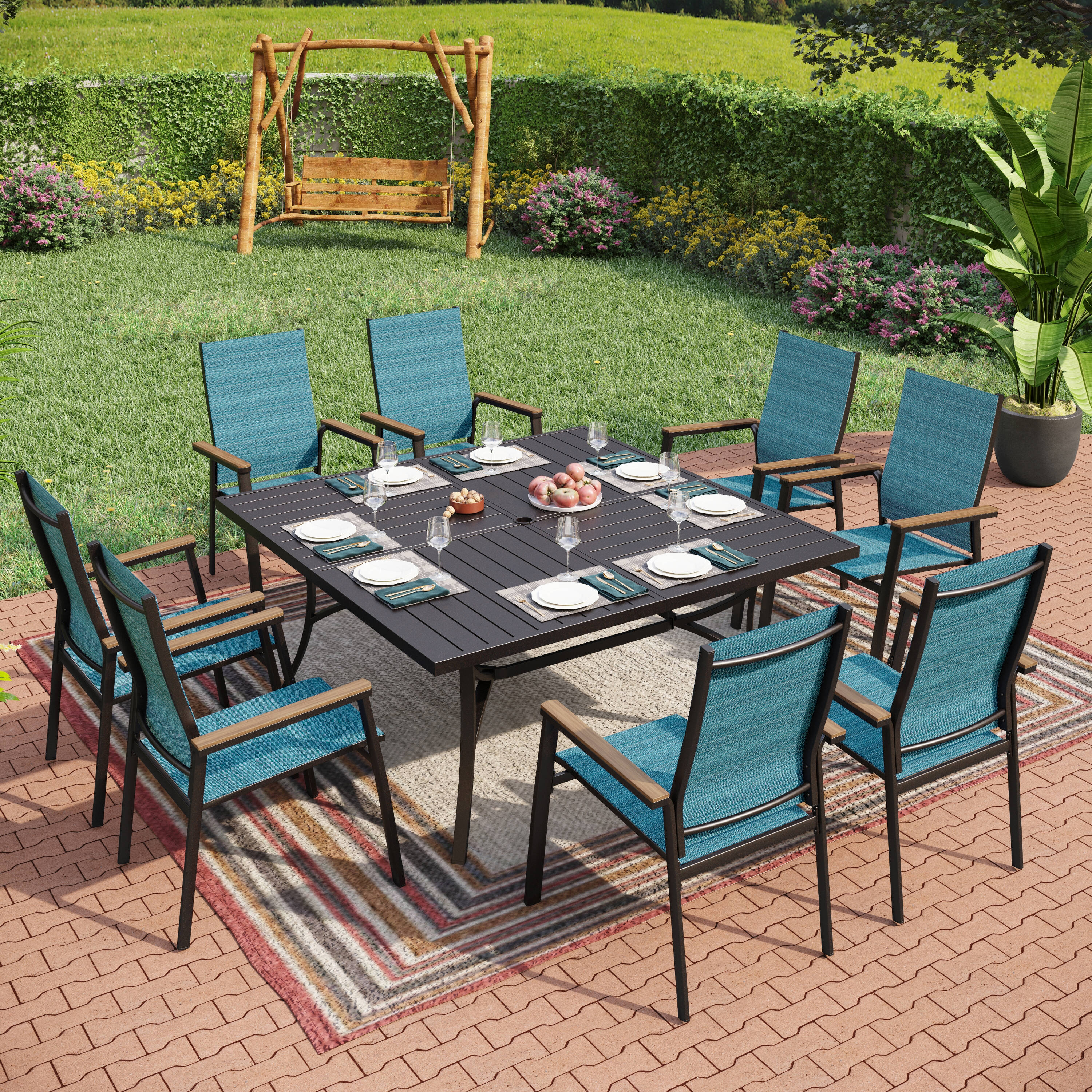 Sunshine Valley S9-321B-452 Outdoor Table and Chairs 9 -Piece Black Patio Dining Set Steel Square Table with 8 Blue Stationary Chairs