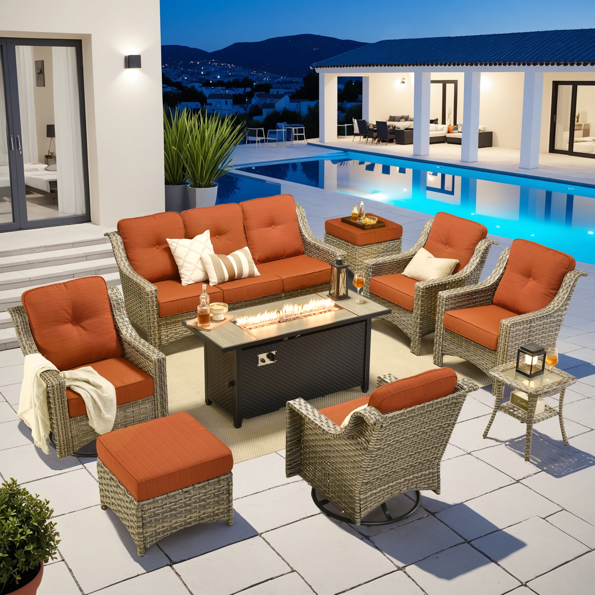 Pouuin SDFPYZPAD809 10 -Piece Wicker Patio Sofa Conversation Set with Orange Cushions