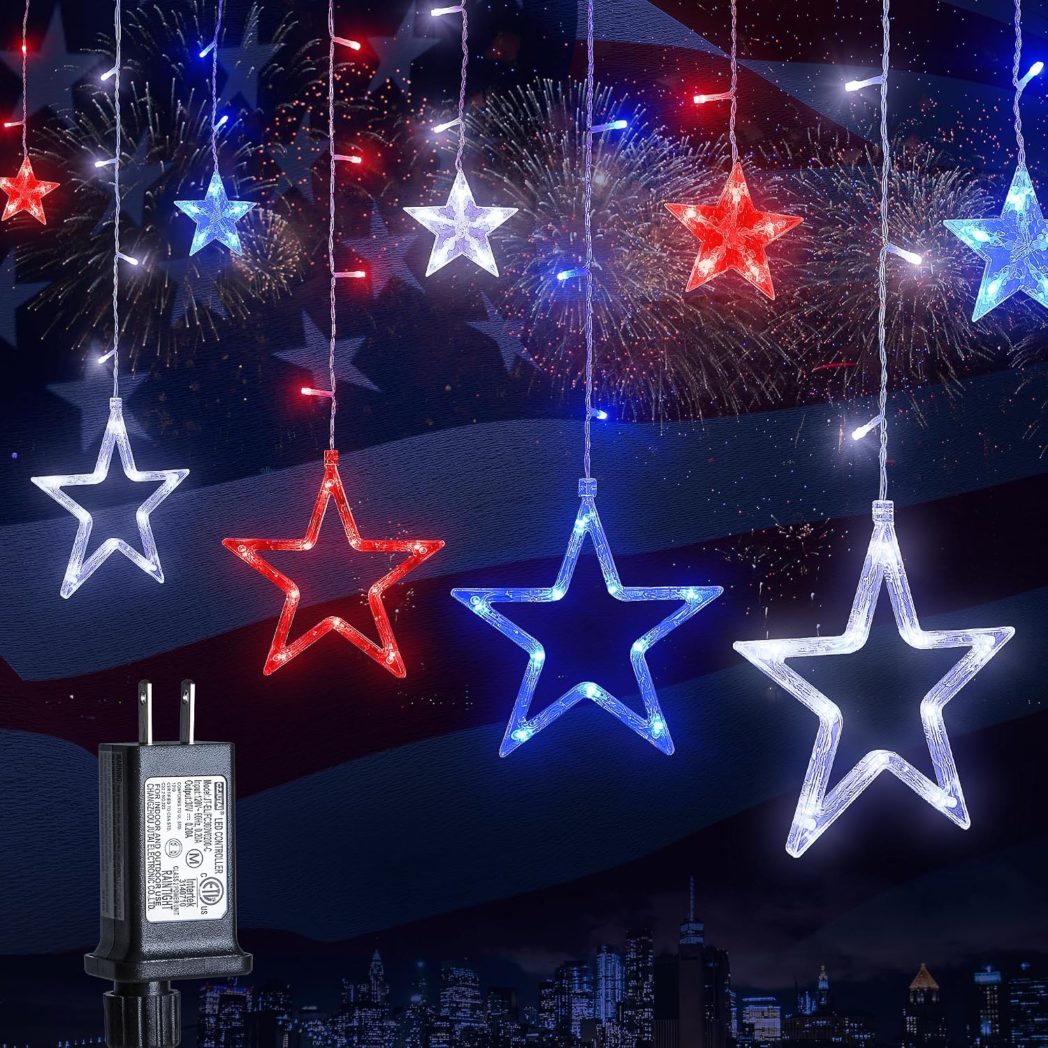 Mygoto 8.2ft 126LED Waterproof Curtain String Lights with 8 Modes Timer Extendable Patriotic Window Decor Light for Indoor Outdoor Independence Day Celebration