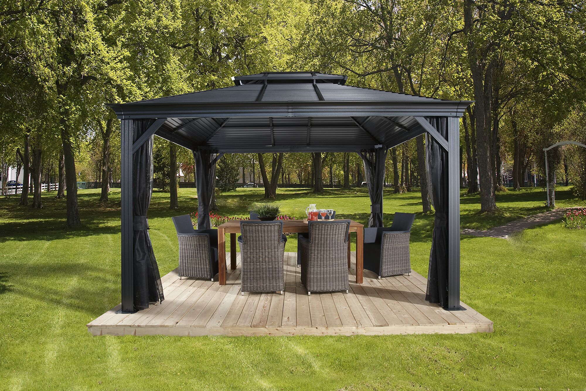 Sojag 10-ft x 12-ft Mykonos ii Dark Grey Fabric Rectangle Screened Gazebo  with Steel Roof in the Gazebos department at