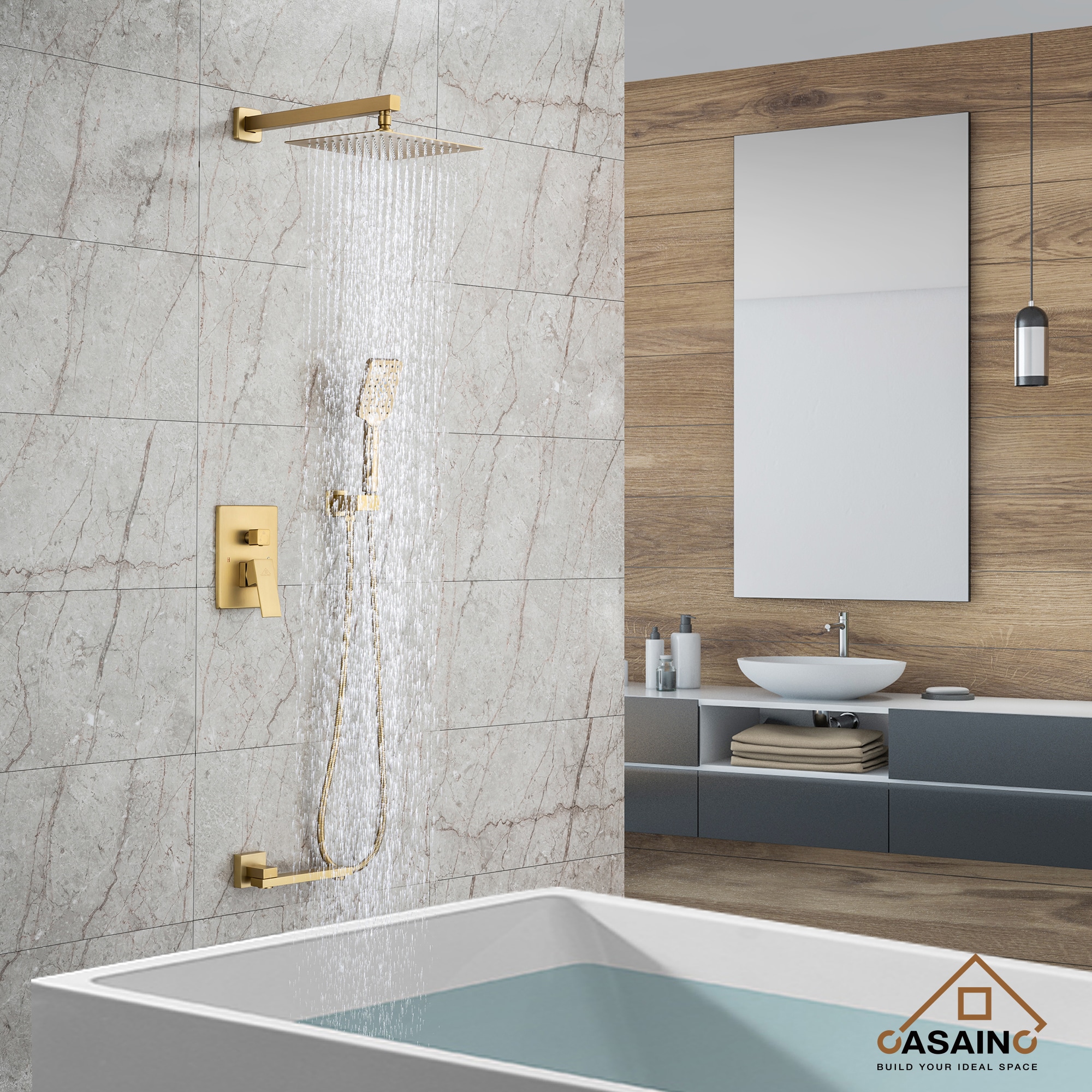 CASAINC WE-SS05MB Brushed Gold 10-in Built-In Shower Faucet System with 3-way Diverter ( Pressure-balanced Valve Included )