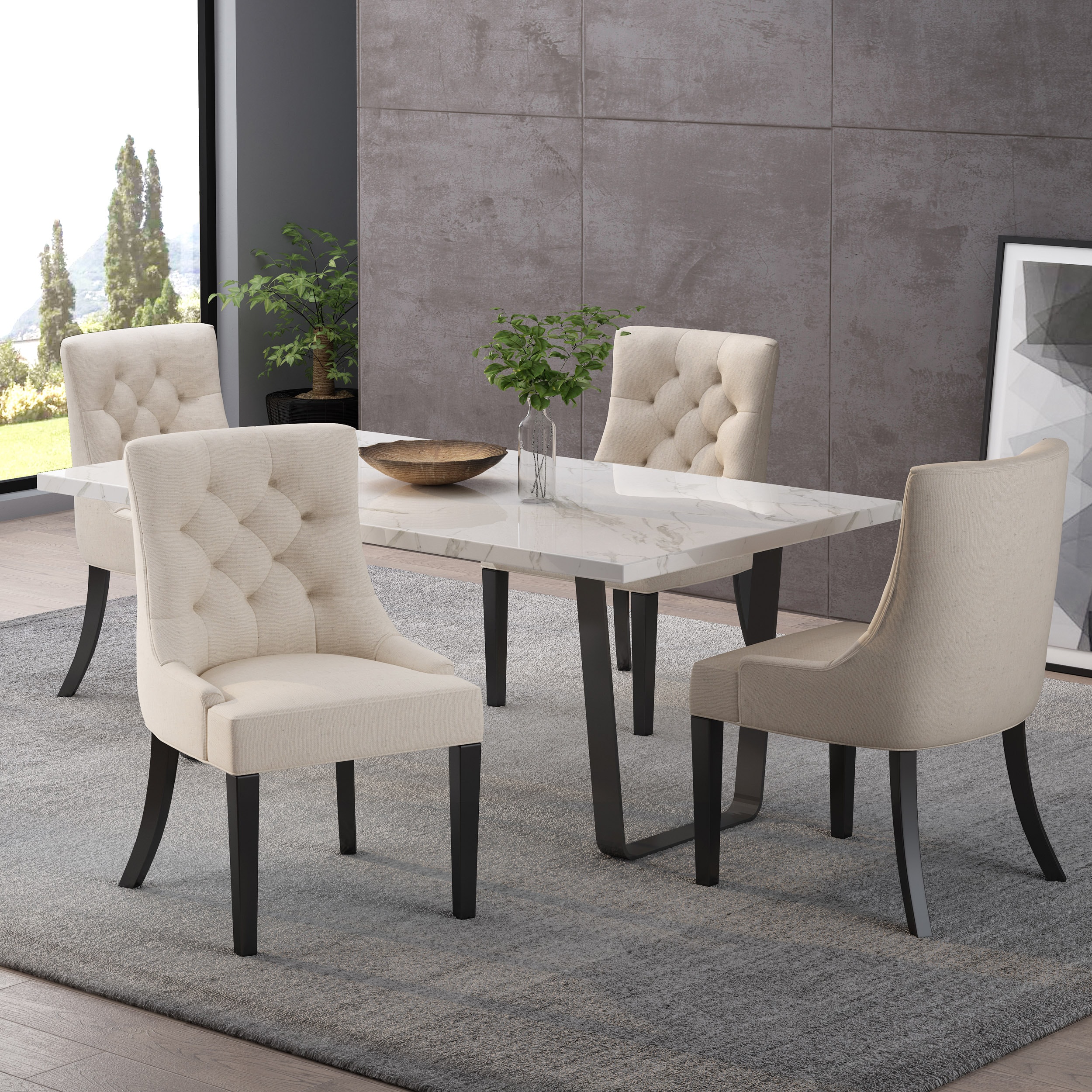 Beige Tufted Upholstered Side Chairs with Wood Legs, Set of 4