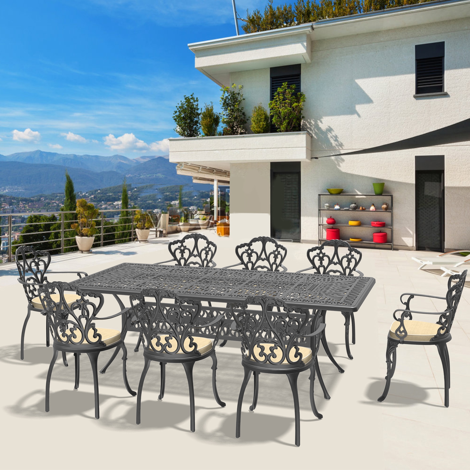 nicesure SLBK6047CZ8A1119RC 9 -Piece Black Patio Dining Set Aluminum Rectangle Table with 8 Cushions Stationary Chairs