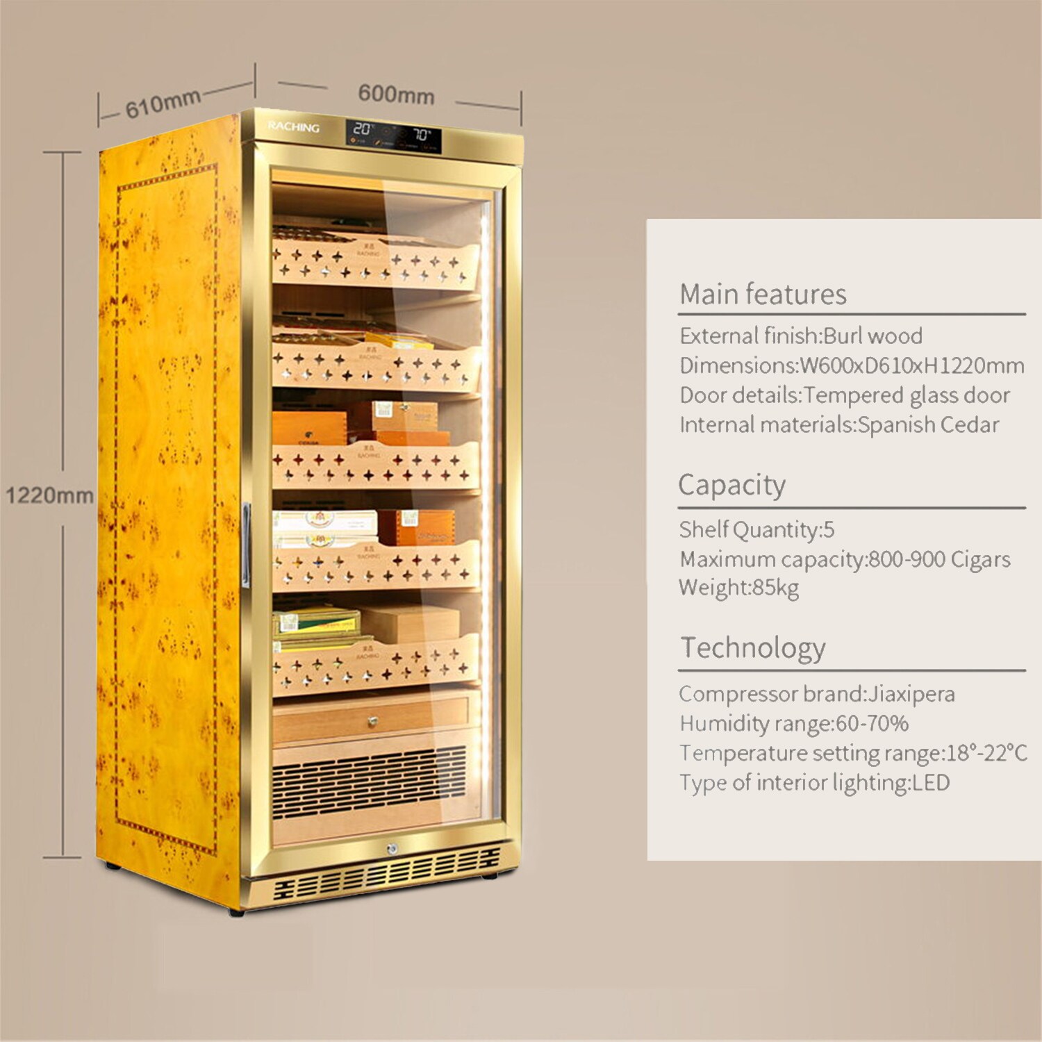 Schmecke 27.1-in x 13.5-in x 17.7-in Stainless Steel Freestanding Cabinet Humidor (Holds 250)