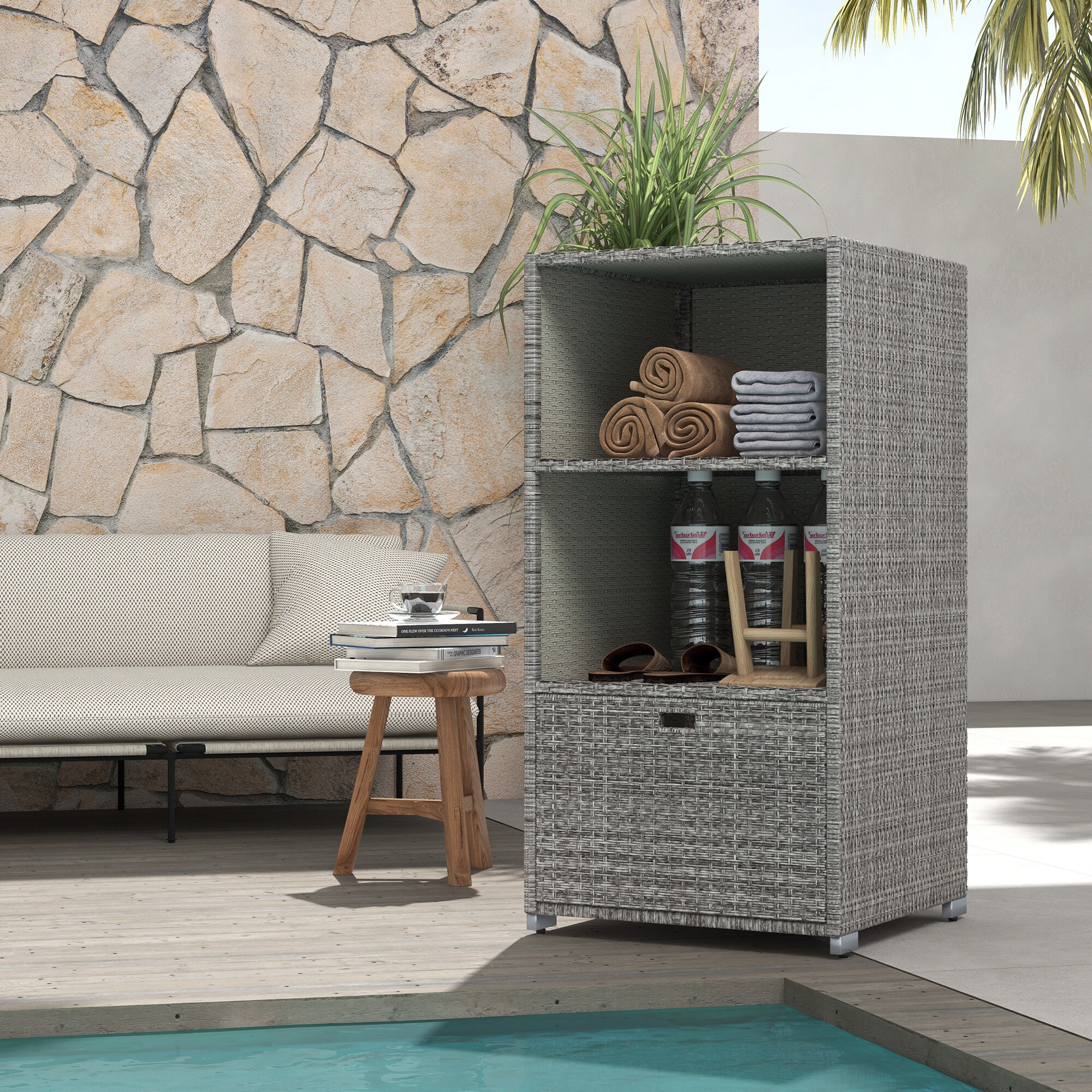 Pool Caddy Rack Black Rattan Outsunny Patio Wicker Pool Caddy PE Rattan Storage Cabinet Holder ...
