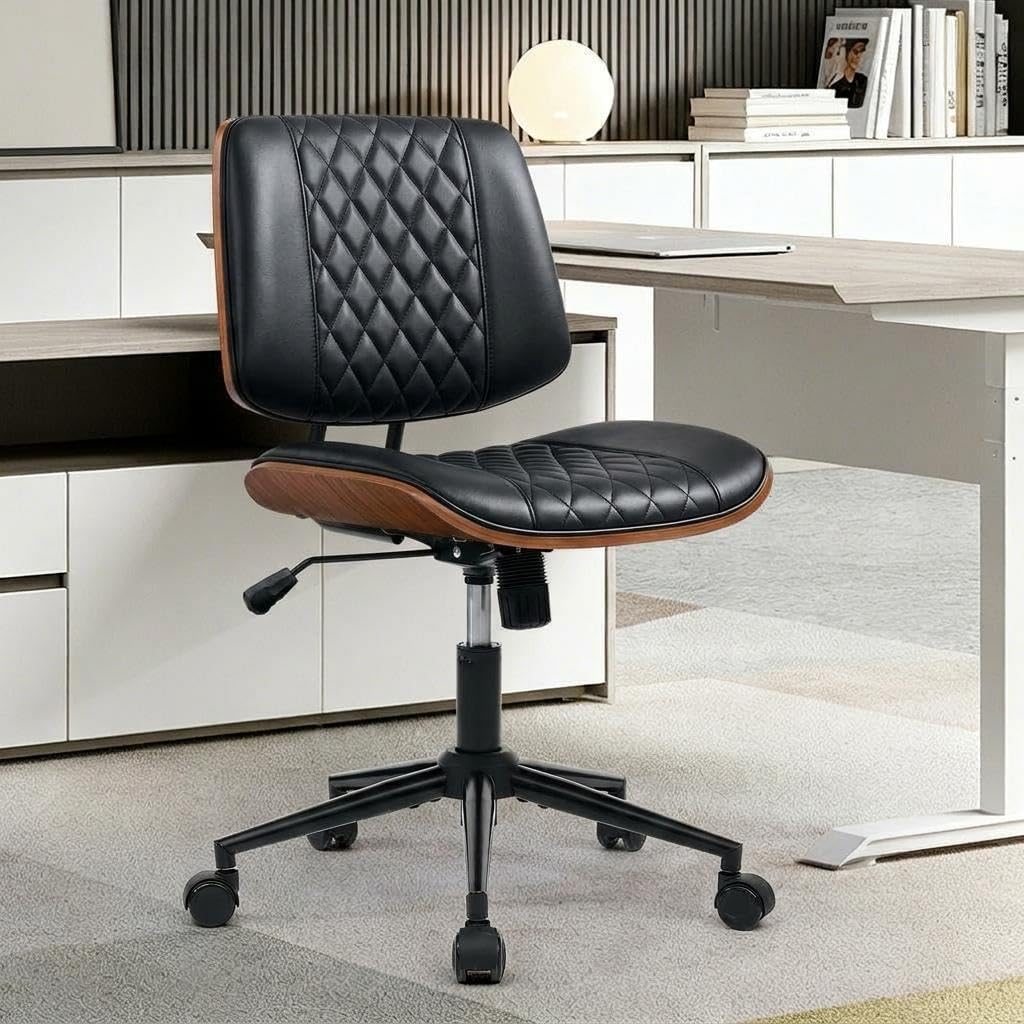 Garvee Modern Walnut Office Chair with 4 Level Adjustable Backrest PU Leather Swivel Desk Chair Black