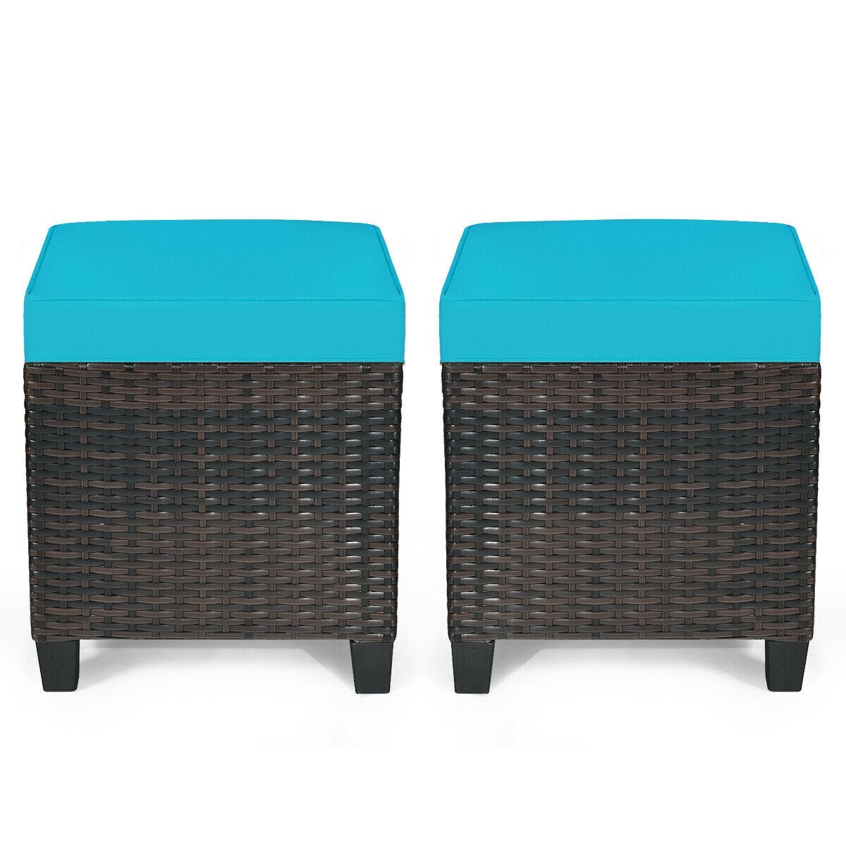 Turquoise Cushioned Rattan Patio Ottoman Set with Steel Frame