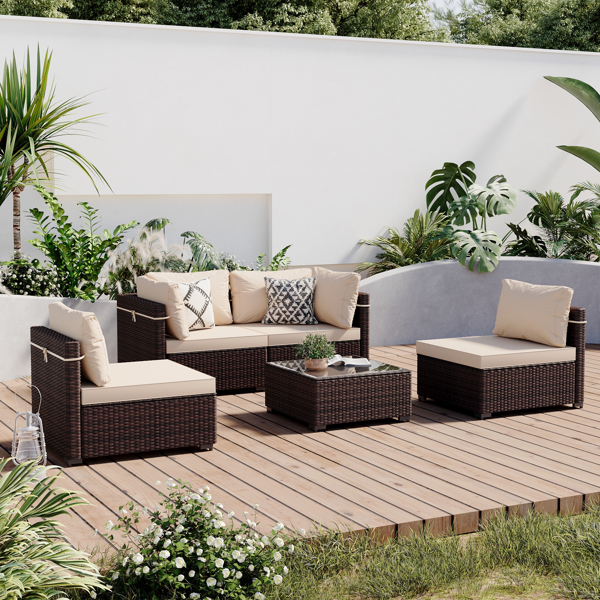 Patio Watcher RT-OD6-B-BEIGE 5 -Piece Rattan Patio Conversation Set with Beige Cushions