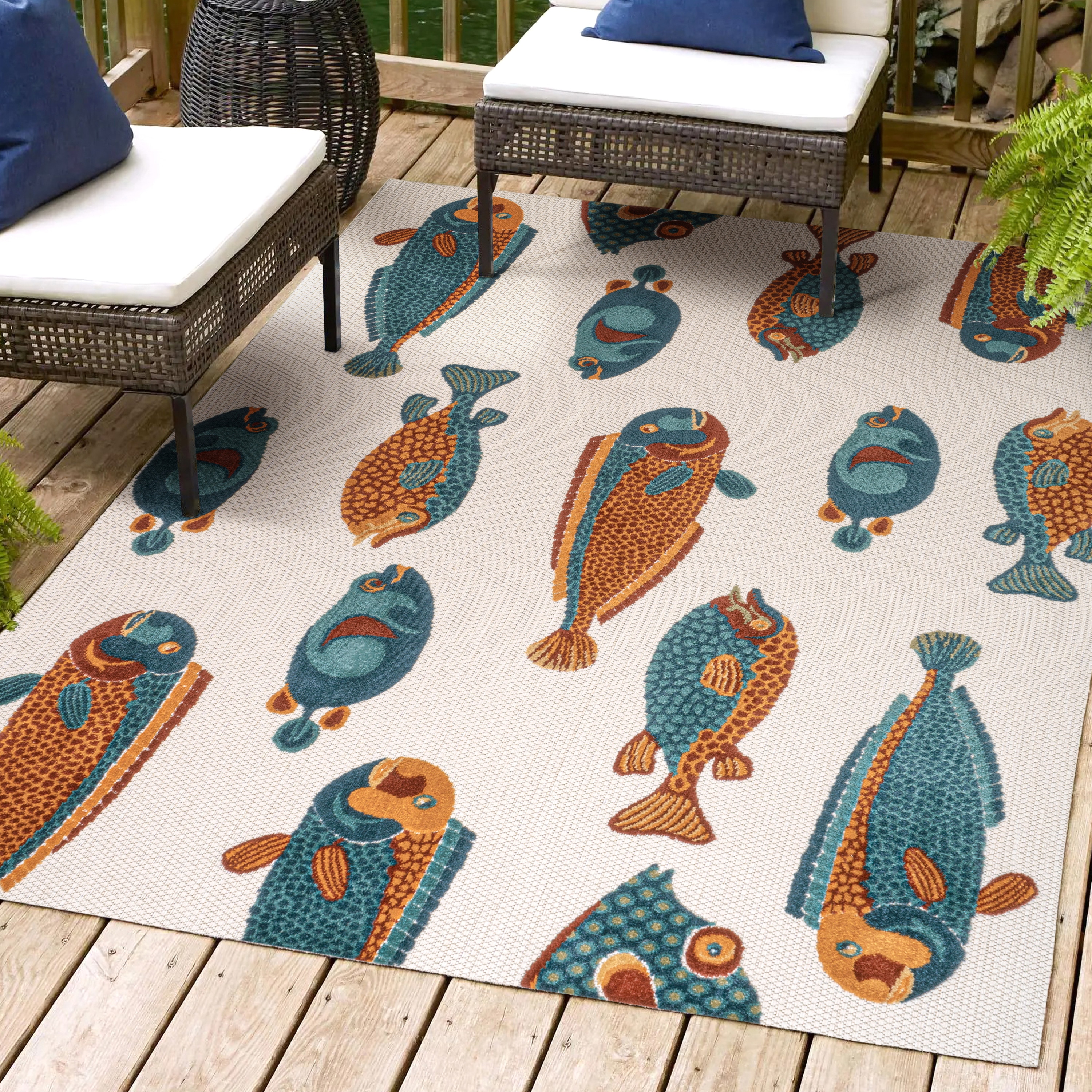 Navy and Orange Coastal Fish Pattern Synthetic 8' x 10' Area Rug