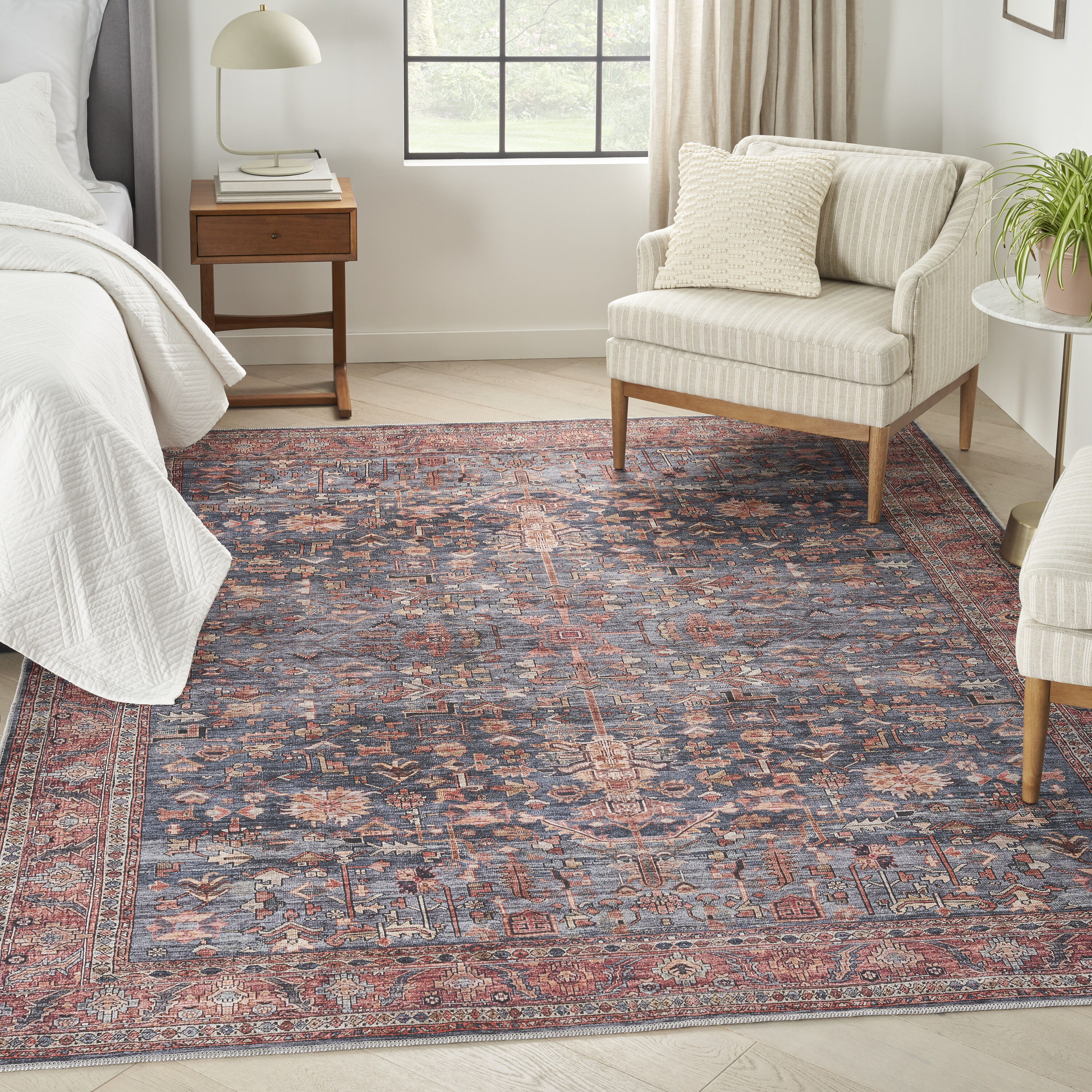 Nourison 099446116802 Brilliance Machine Washable 5 x 7 (ft) Loomed Polyester Navy/Brick Rectangular Indoor Distressed/Overdyed Bohemian/Eclectic Area rug