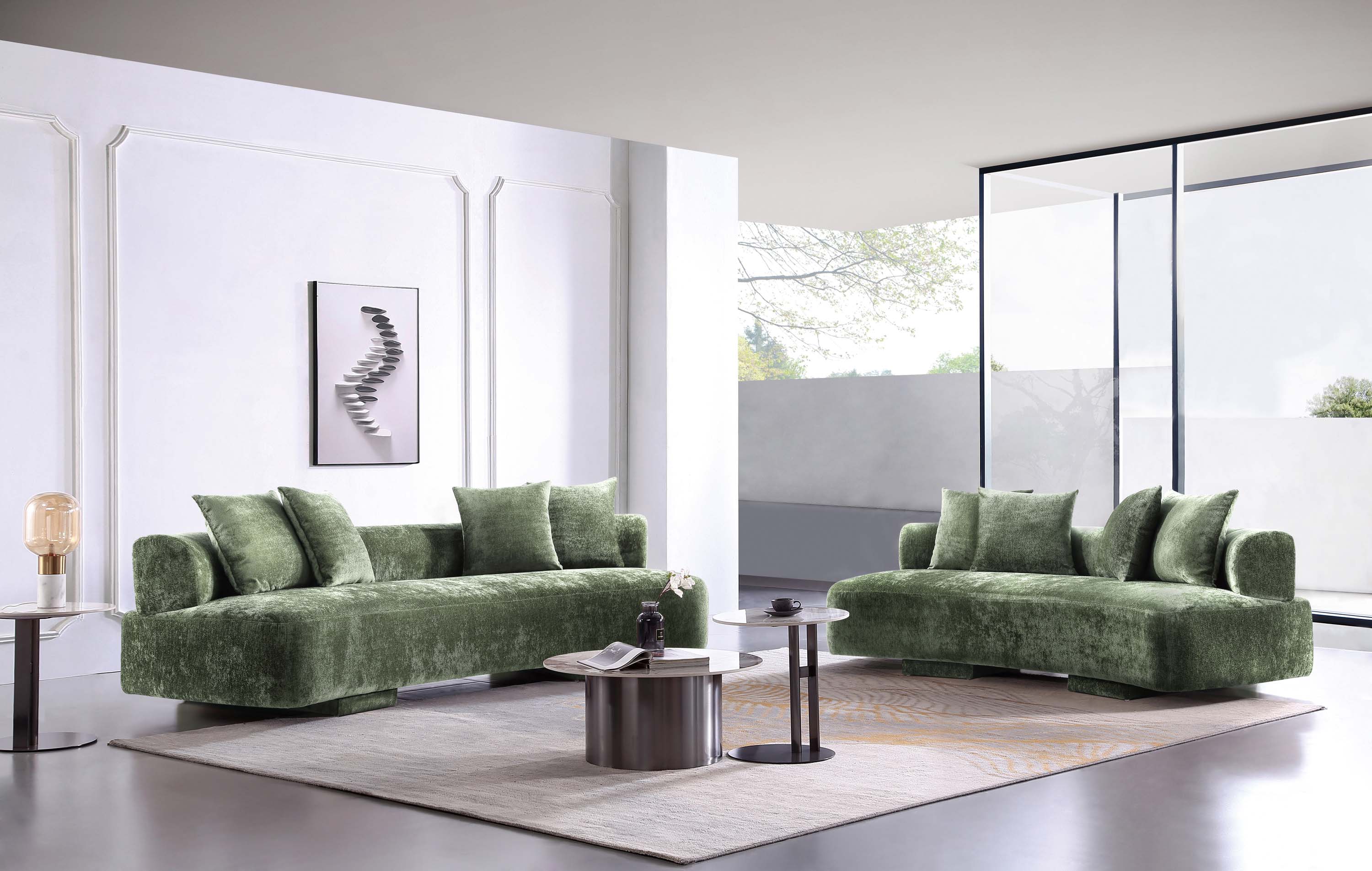Manhattan Comfort 2-SFLS1617-OG Midcentury 2 -Piece Chenille Olive Green Living Room Set