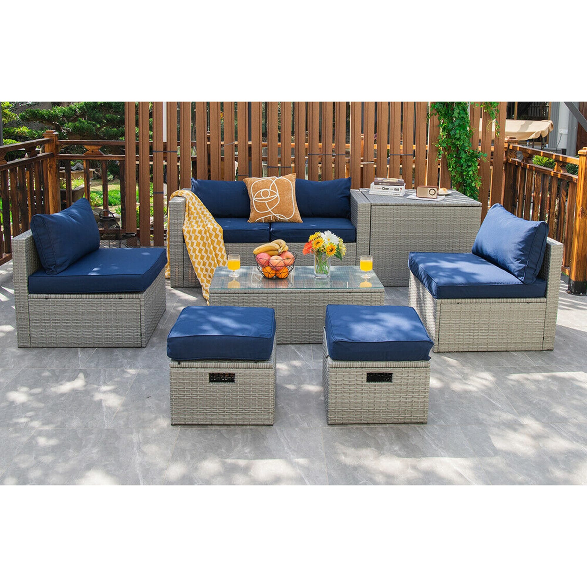 BABOOM BOM-04NY-CO 8-Piece Rattan Patio Conversation Set with Blue Cushions