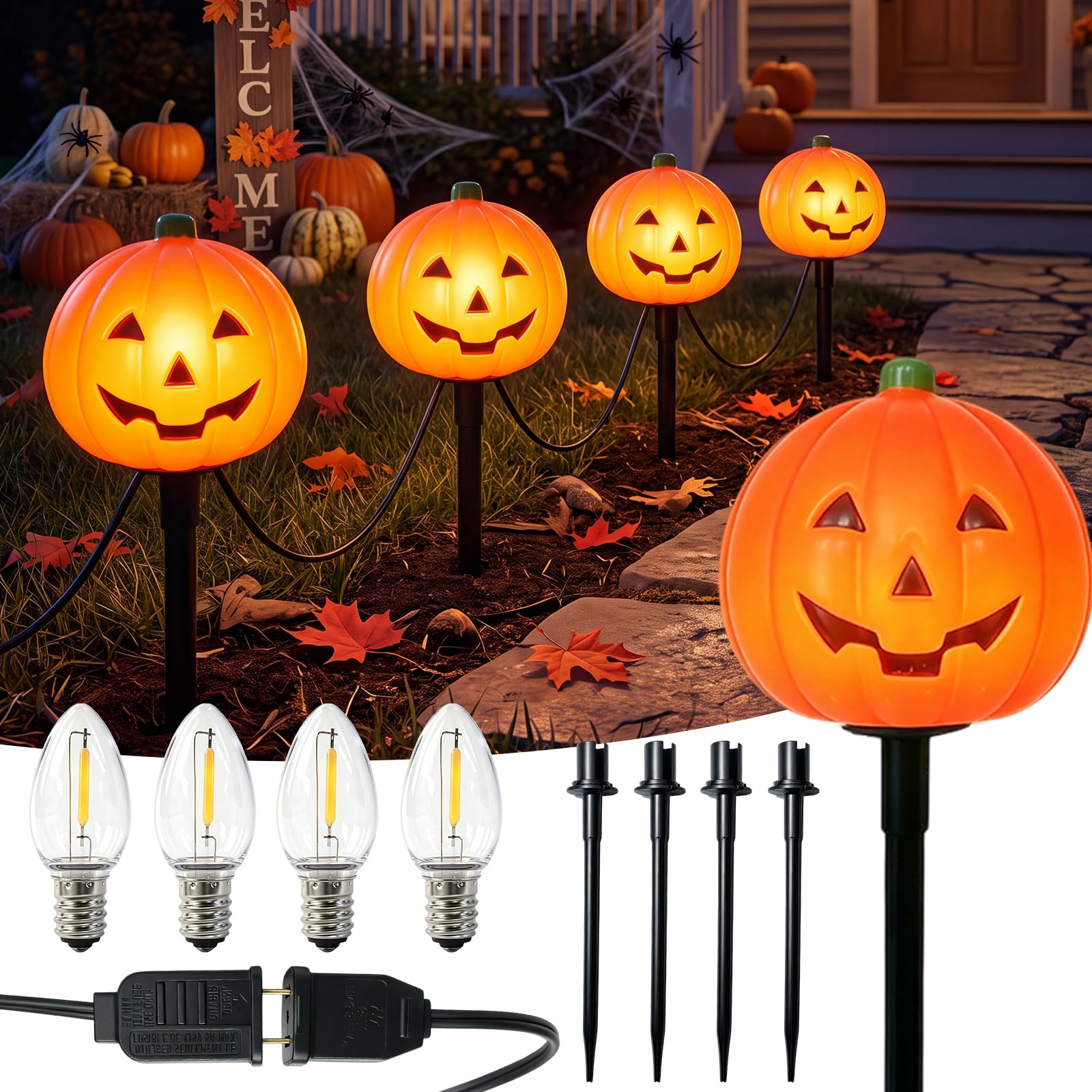 DYRCJ  Halloween Pumpkin Pathway Marker Lights with Four C7 Clear Bulbs Seven Foot String with Four Stakes Waterproof Outdoor Yard Porch Garden