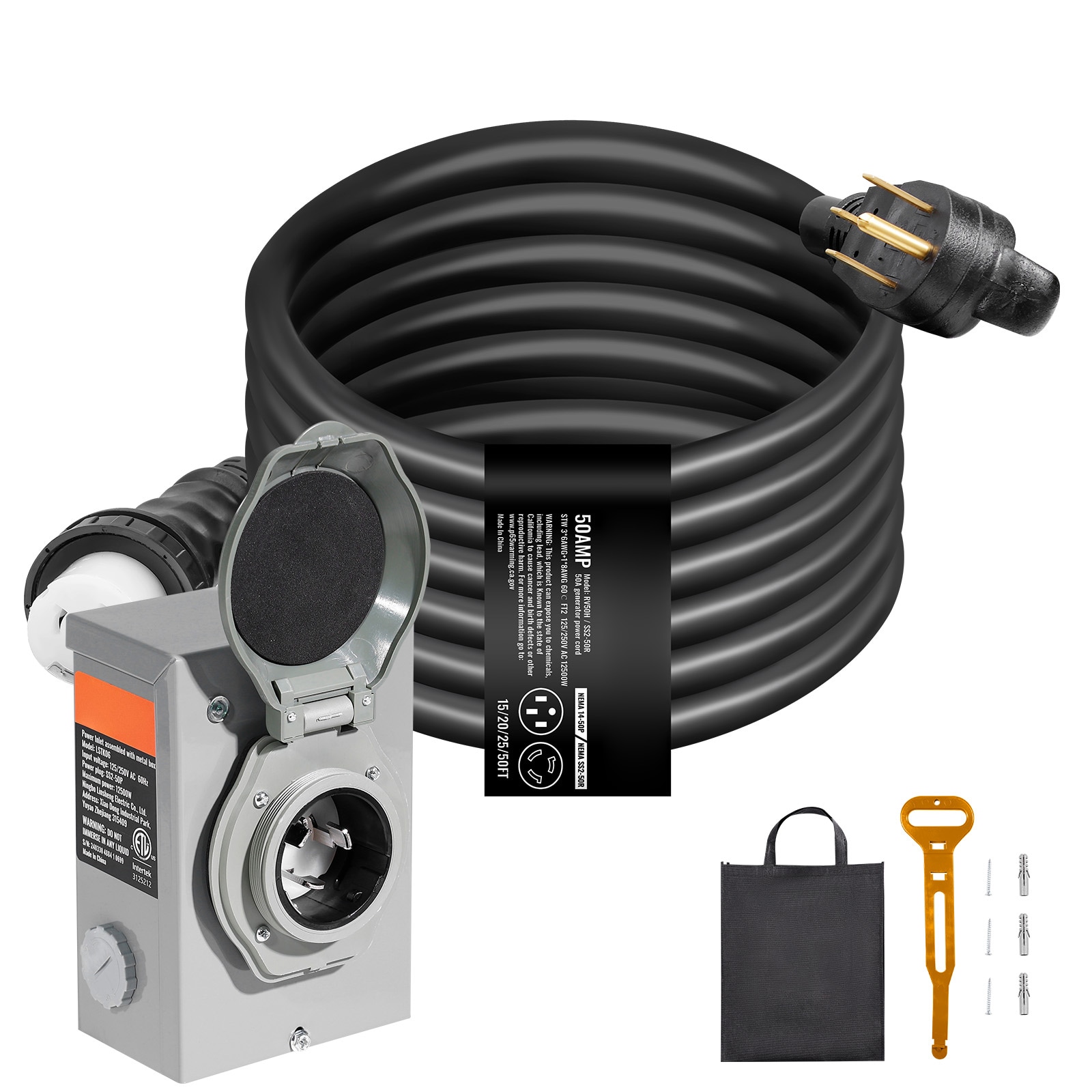 GIVIMO 50-A 20-ft Generator Cord and Power Inlet Box Kit - NEMA 14-50P/SS2-50R STW 6/3+8/1 AWG Twist Lock Connector with Pre-Drilled Inlet Box #LW102GIVSS2333