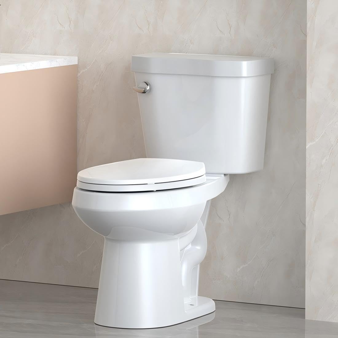 Idealhouse Two Piece Comfort Height Toilet 17 Inch Round Soft Close Seat ADA Compliant Powerful Side Press Flush One Point Two Eight GPF Water Efficient Under Locking Lid