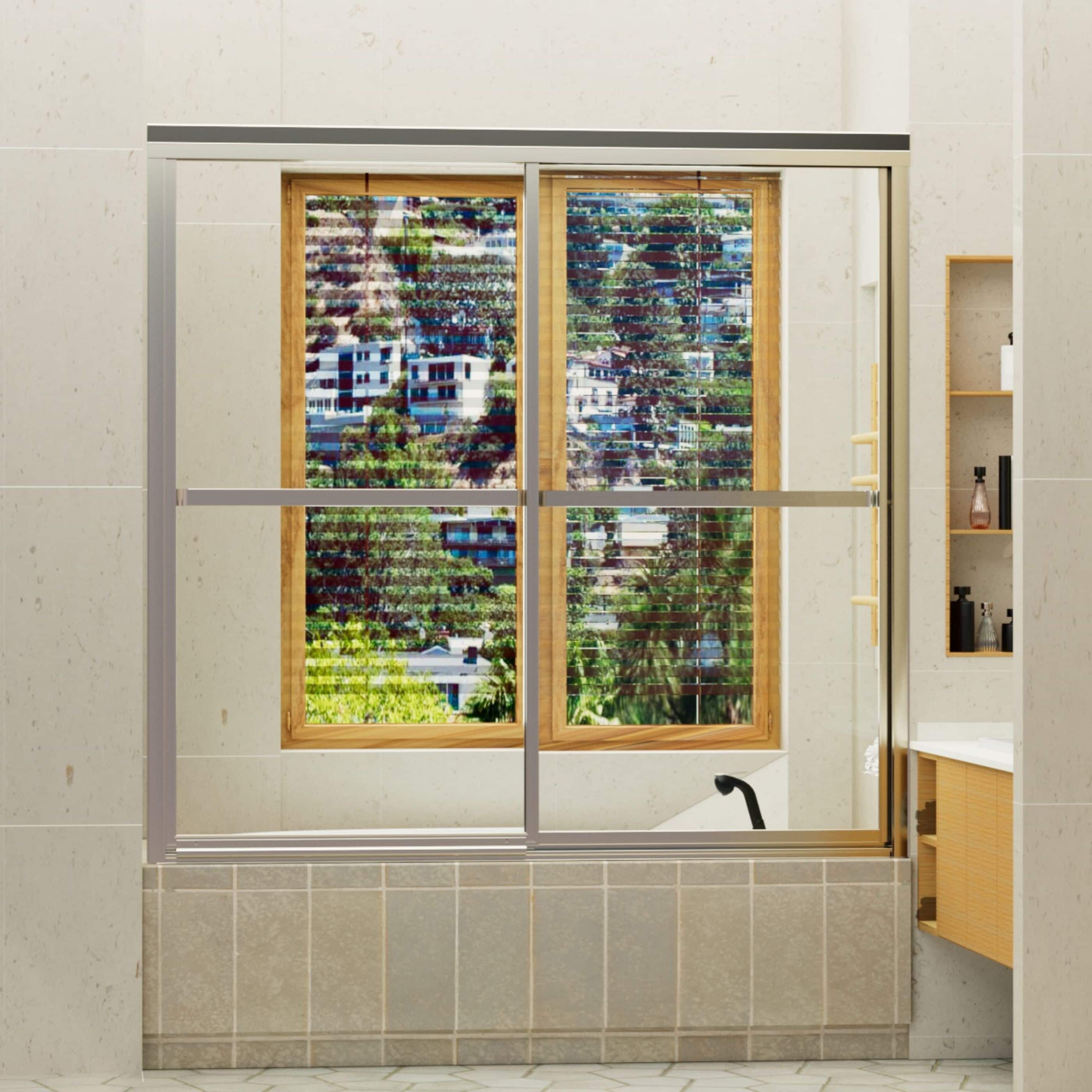 WELLFOR QPZ-TL02W Chrome 55-in to 59-in W x 56-in H Framed Clear Glass Bypass Sliding Soft Close Bathtub door