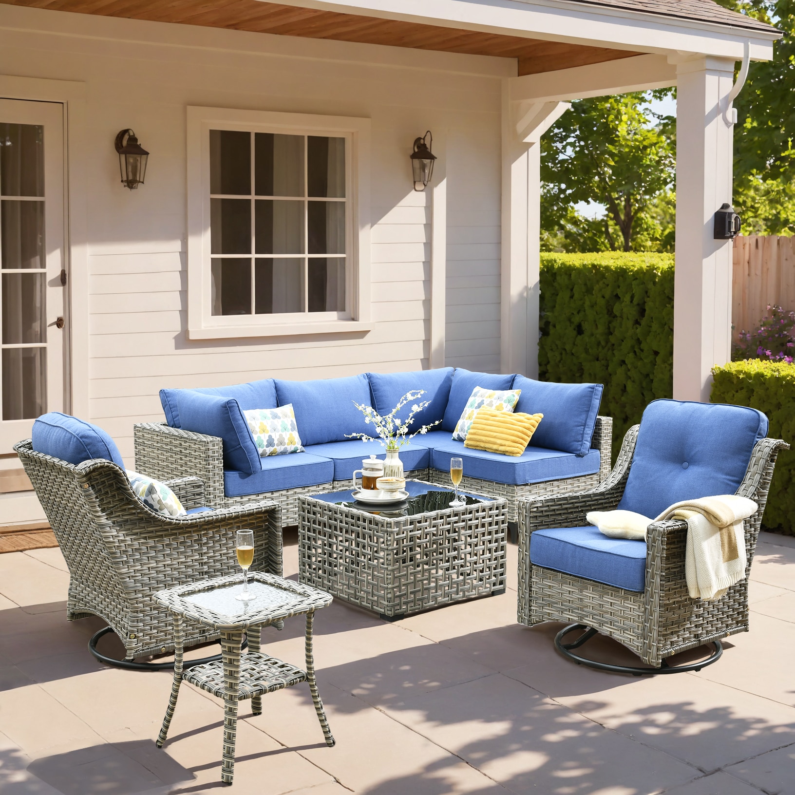 Ovios SK508YP 8 -Piece Wicker Patio Conversation Set with Blue Cushions