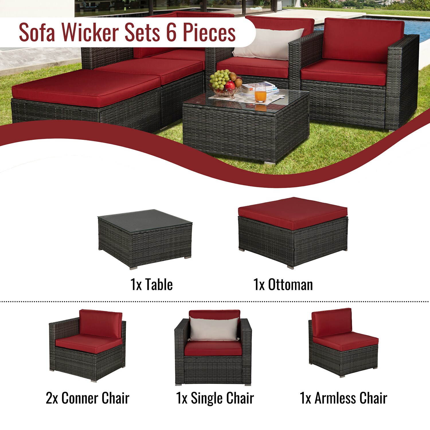 SINOFURN Rattan Outdoor Sectional with Red Cushion(S) and Rattan