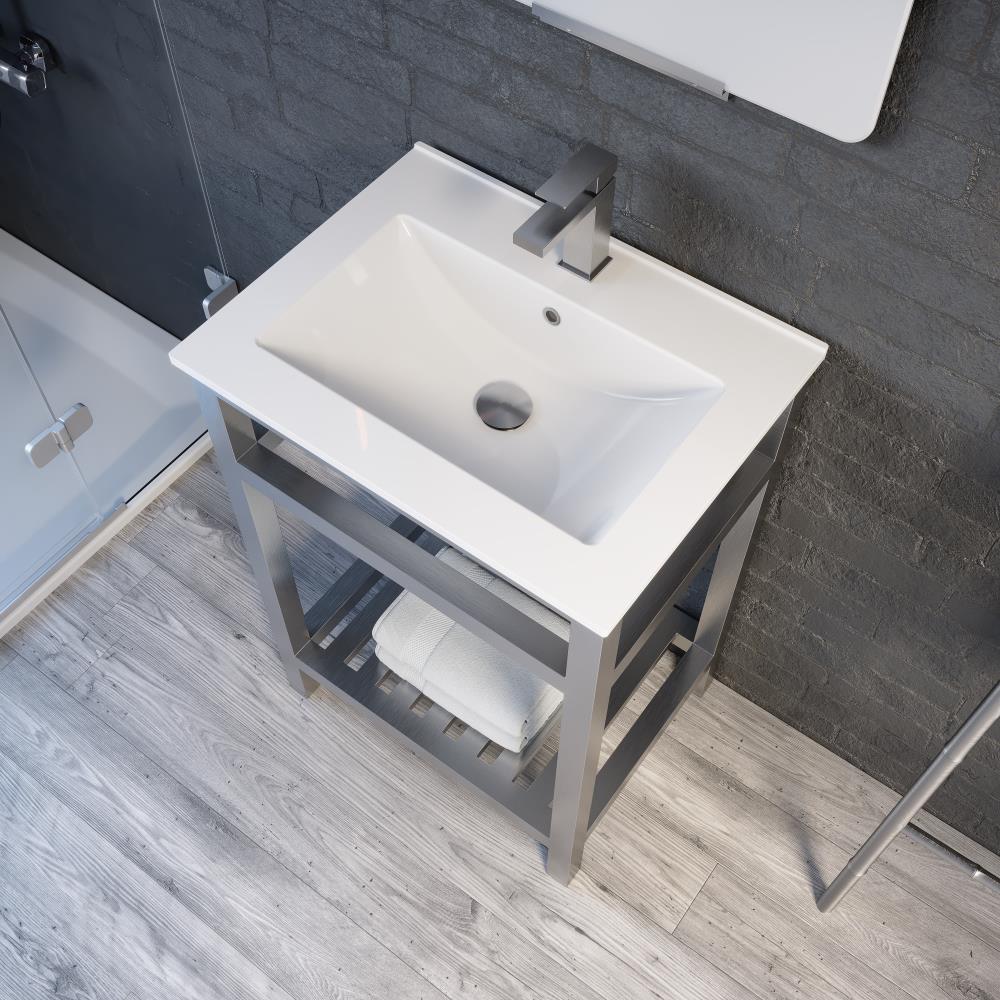 Spa Bathe Metalim 24-in Brushed Steel Single Sink Bathroom Vanity with White Ceramic Top