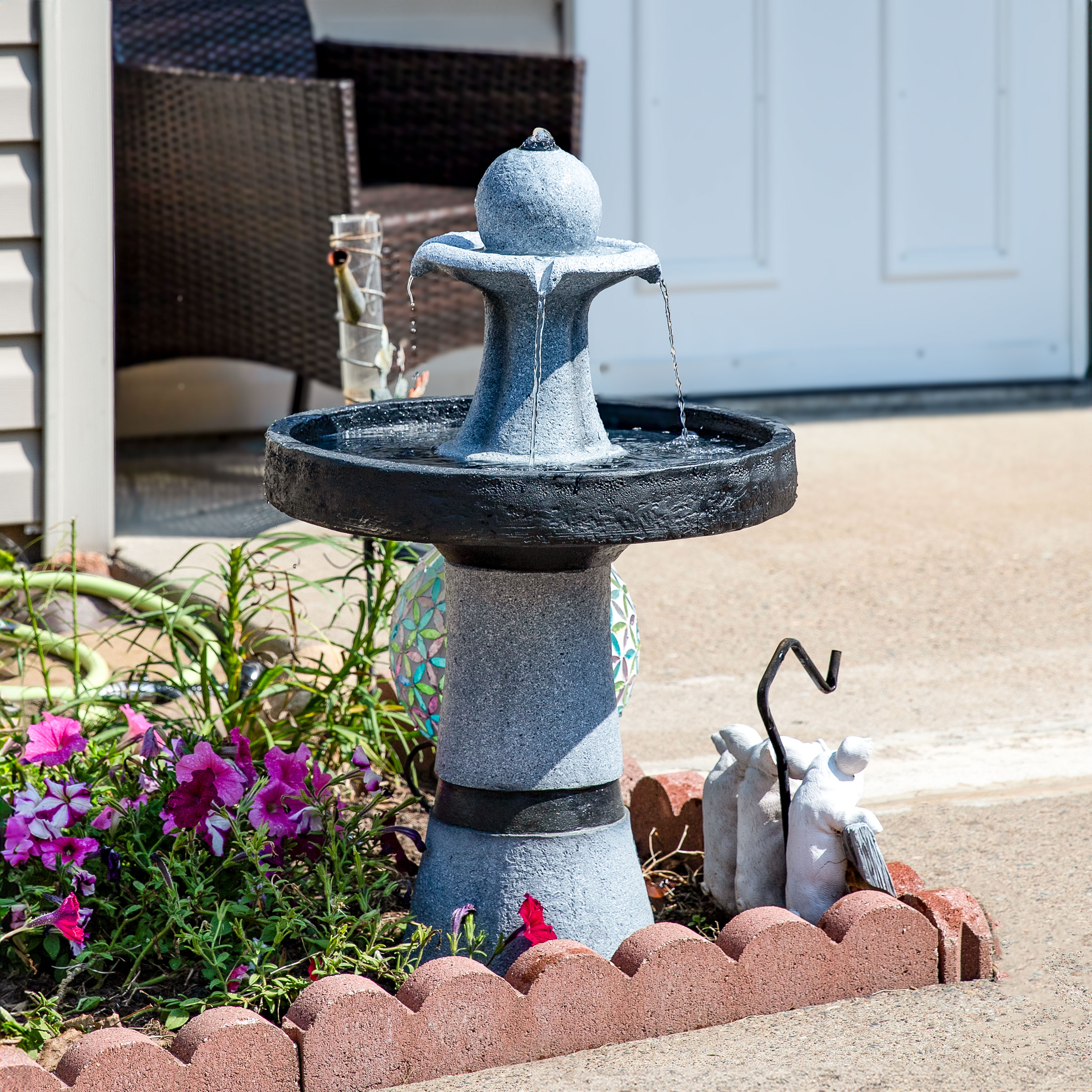 Contemporary Gray and Black Polyresin Outdoor Water Fountain with LED Light