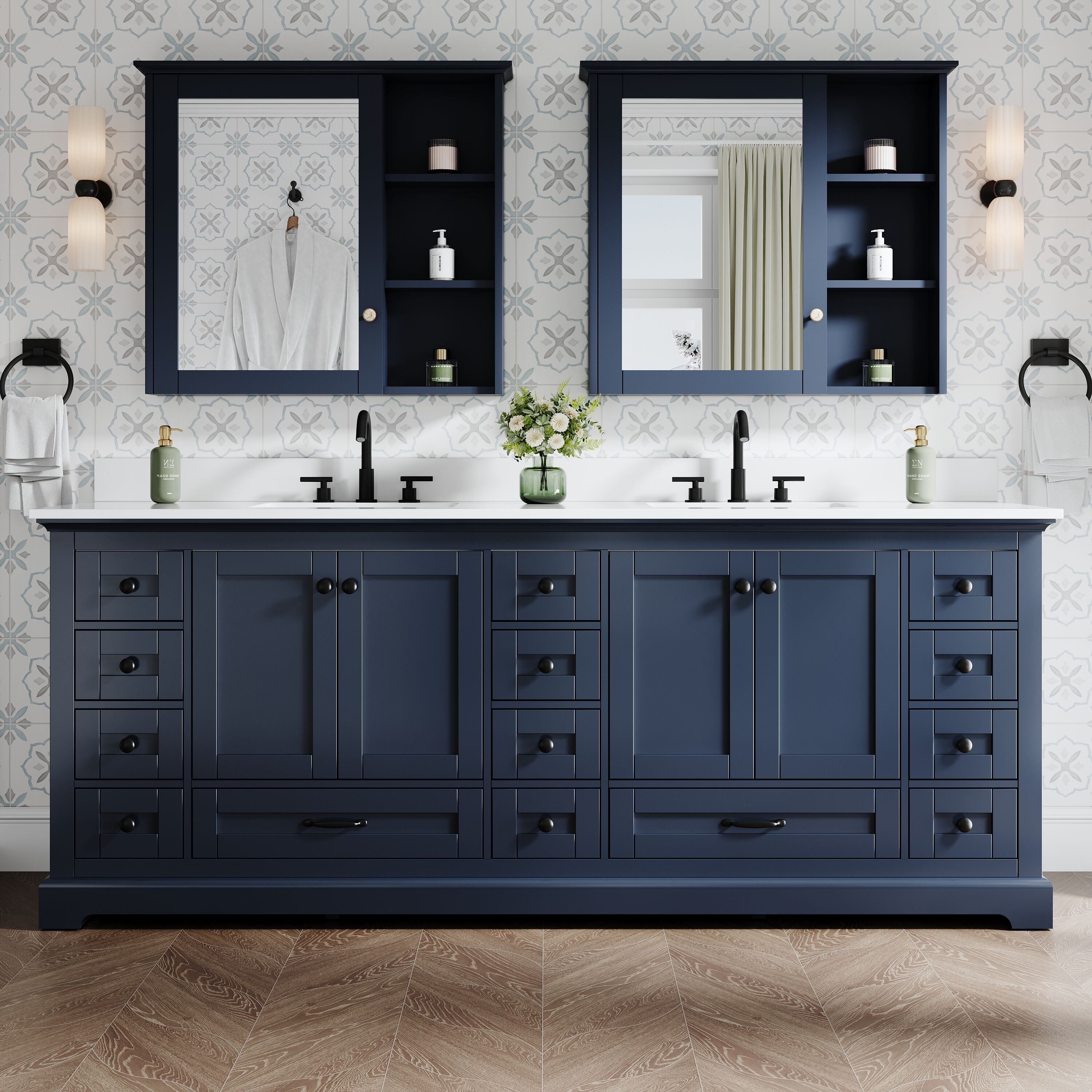 Ayelon - 84-in Navy Undermount Double Sink Bathroom Vanity with White Cultured Marble Top (Fully ...