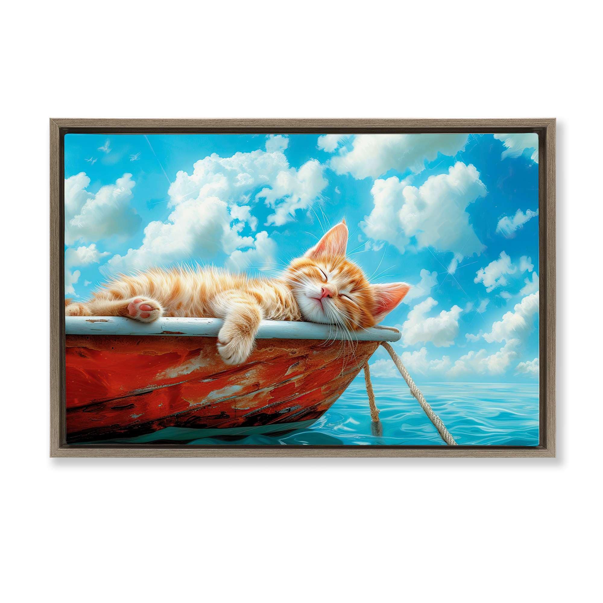Stupell Industries BT-355-FFE-16X24 Sleeping Cat on Boat Brown Framed Floater Canvas Wall Art By Parable Visions 25 x 17