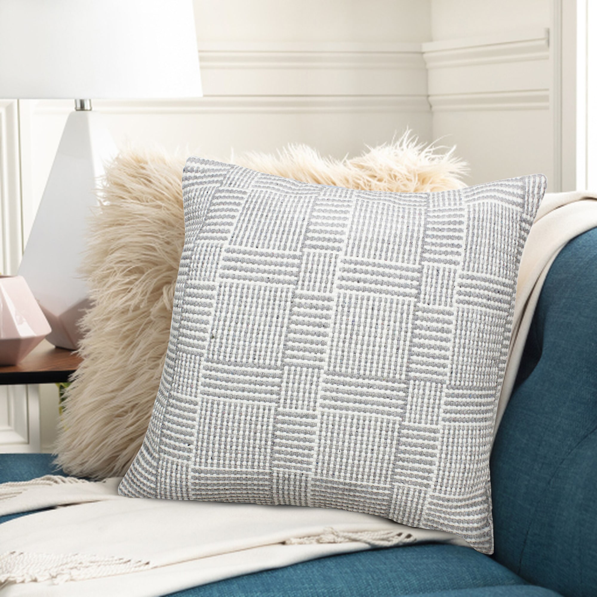 Gray and White Geometric Cotton Polyester Throw Pillow Set