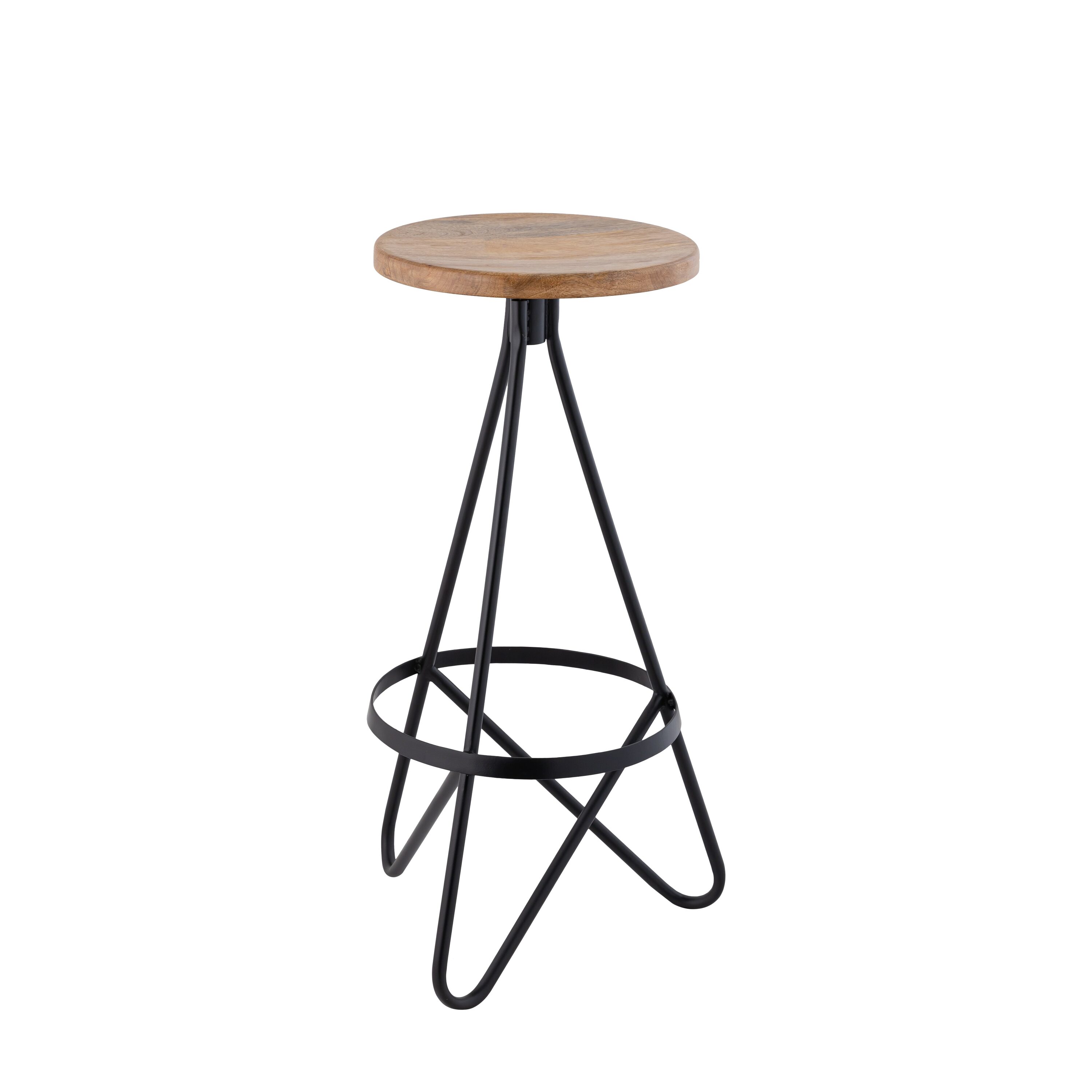 Natural Wood and Black Metal Backless Bar Stool