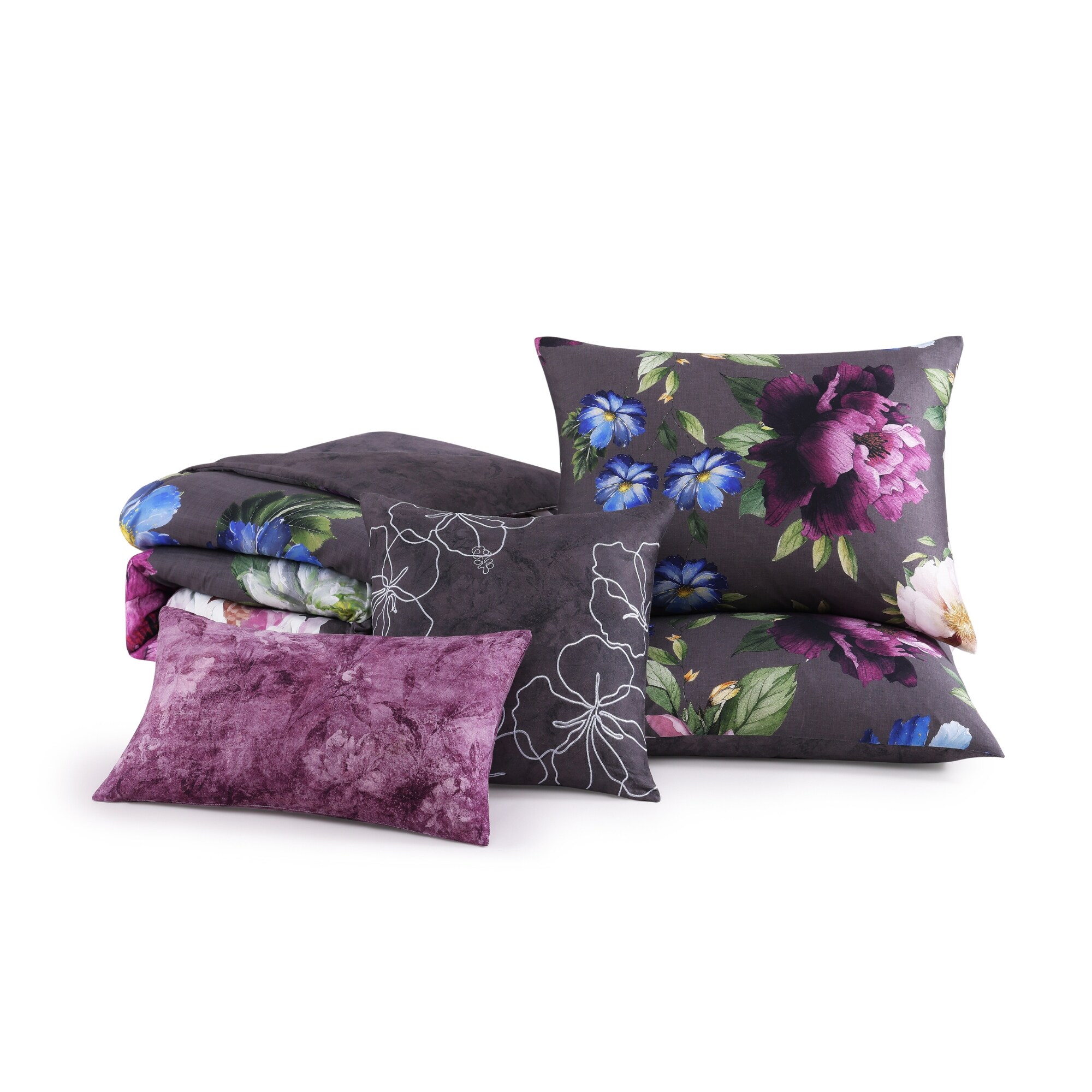 Elegant Blossoms Gray Cotton Queen Reversible Comforter Set