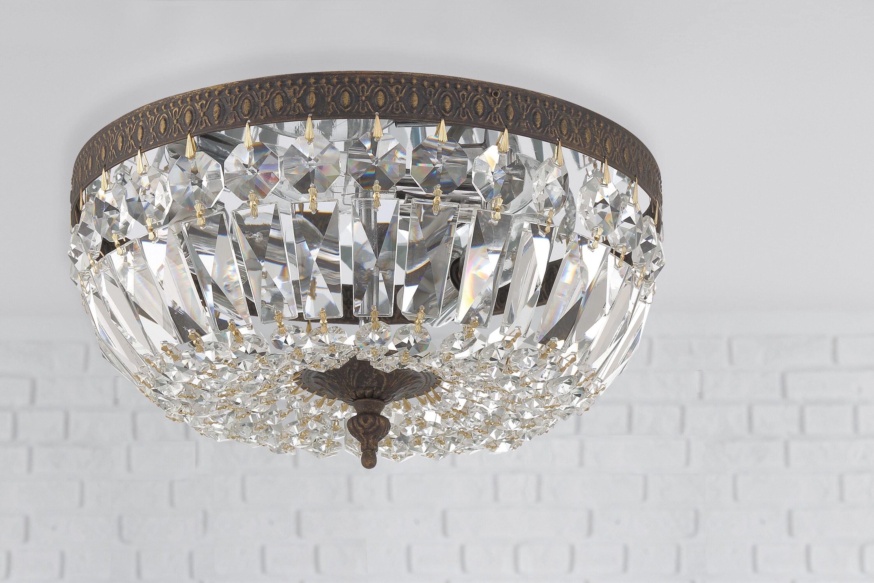 English Bronze Flush Mount with Clear Italian Crystals