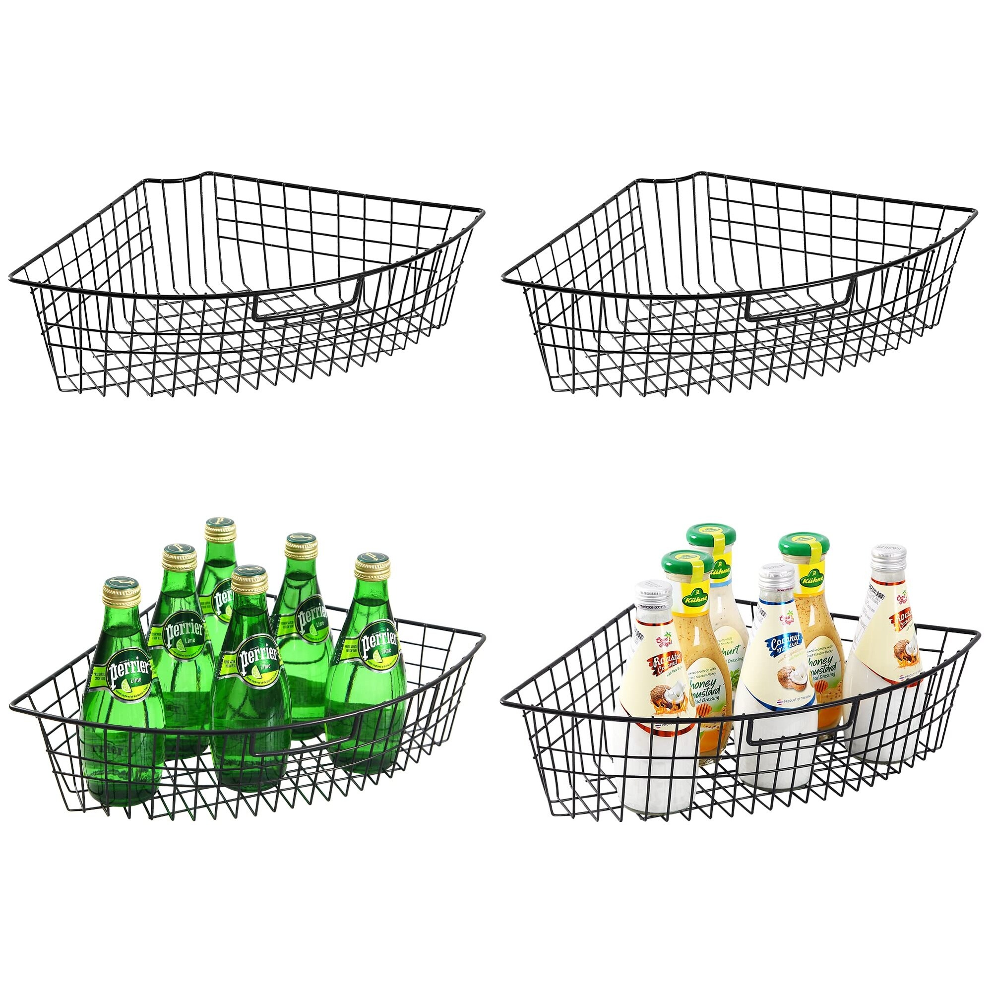 Phewnyzo  Lazy Susan Wire Storage Organizer Basket with Handle Metal Cabinet Bin for Kitchen Corner Cabinet 24 Inch Wedge Shape Can Organizer Black