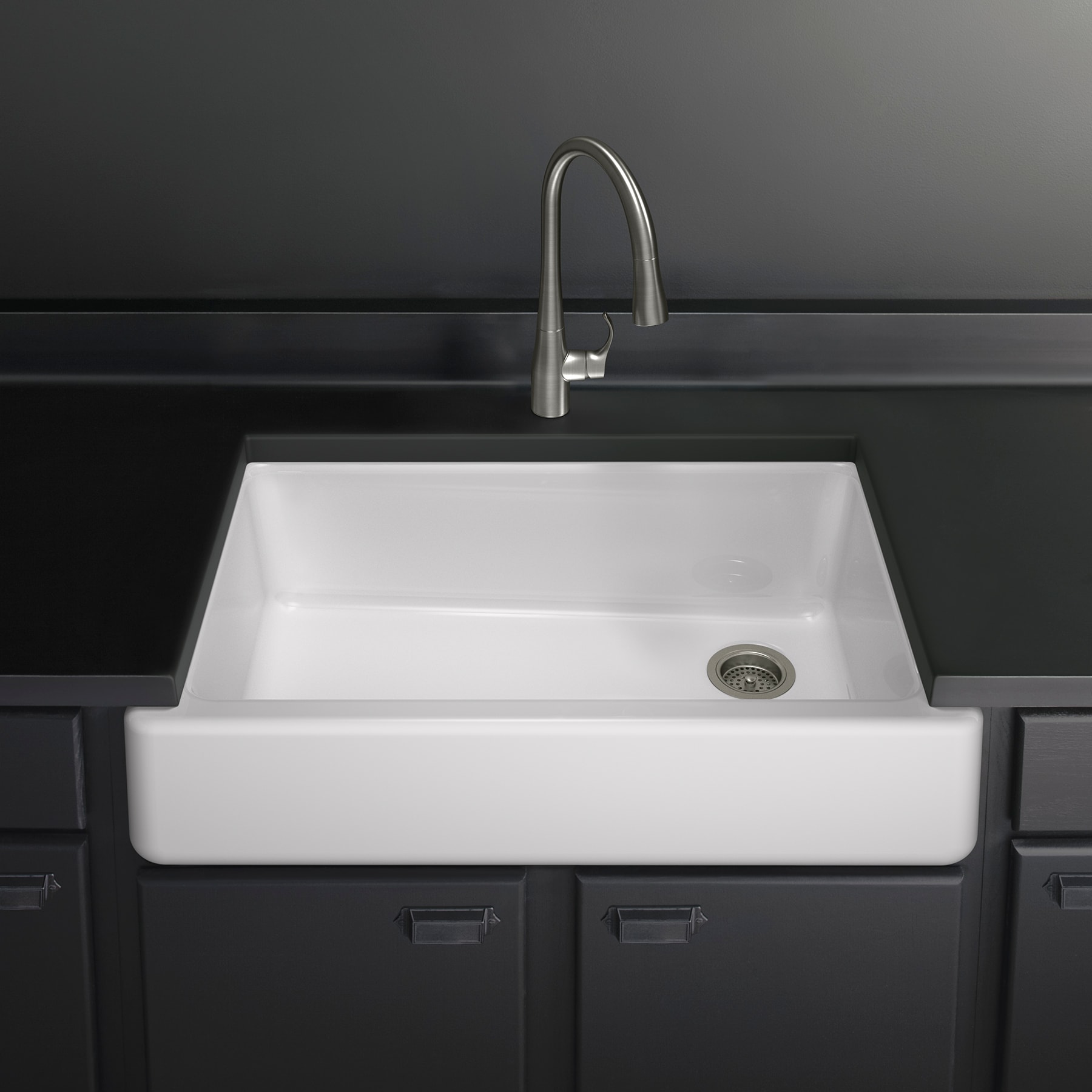 Photo 1 of CHIP ON CORNER---KOHLER Whitehaven Farmhouse Apron Front 35.69-in x 21.56-in White Cast Iron Single Bowl Kitchen Sink