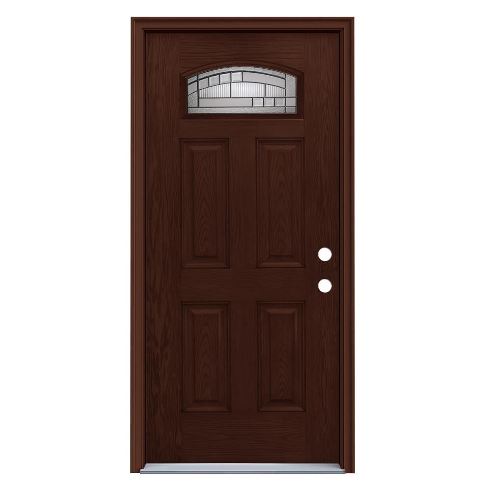 JELD-WEN LOWOLJW232300008 36-in x 80-in x 4-9/16-in Fiberglass 1/4 lite Left-hand inswing Coffee Bean Stained Prehung Front Door with Brickmould Insulating core